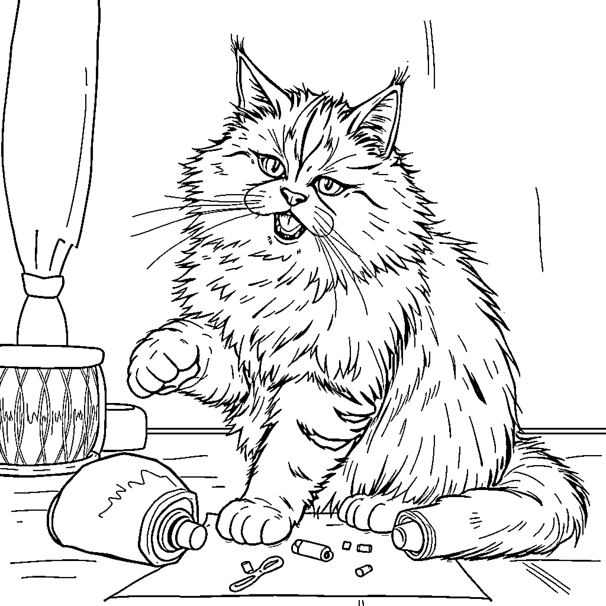 Cat playing with office supplies Coloring Page (free black-and-white line drawing printable PDF for all, from beginners to advanced learners, including children, teens, adults, and seniors)
