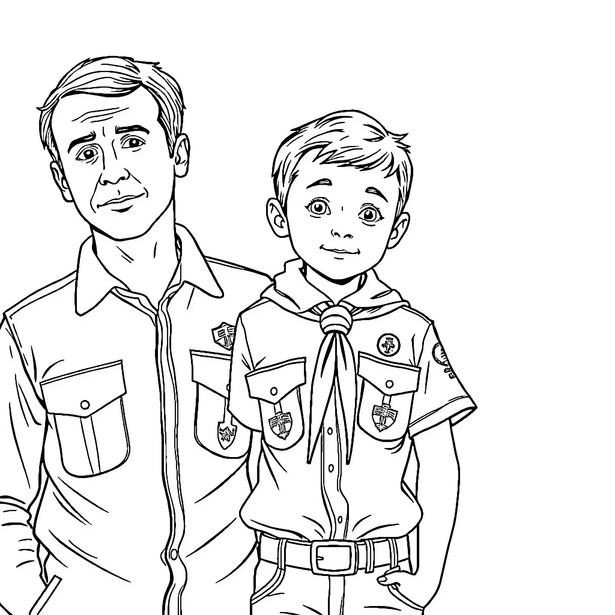Boy Scout father and son in uniform Coloring Page (free black-and-white line drawing printable PDF for all, from beginners to advanced learners, including children, teens, adults, and seniors)