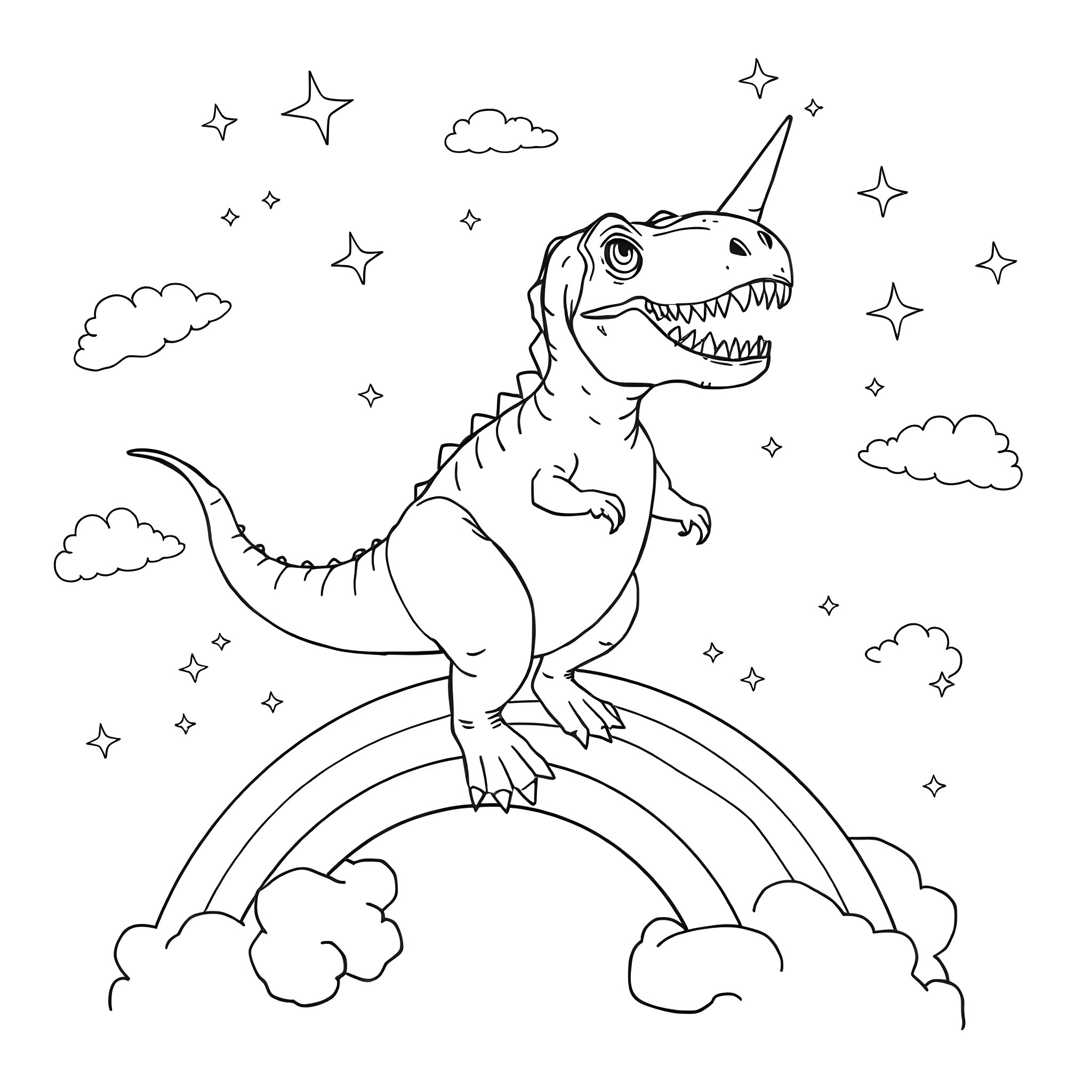 T-Rex roaring with joy on a rainbow Coloring Page (free black-and-white line drawing printable PDF for all, from beginners to advanced learners, including children, teens, adults, and seniors)