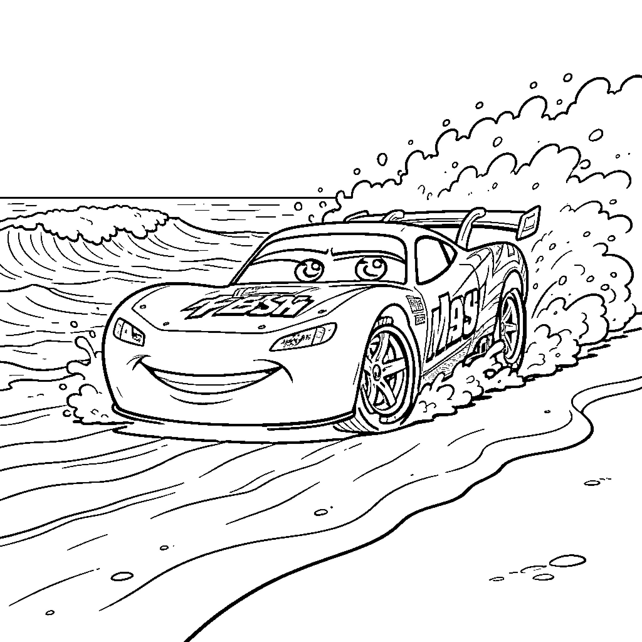 Flash McQueen racing through waves and splashing Coloring Page (free black-and-white line drawing printable PDF for all, from beginners to advanced learners, including children, teens, adults, and seniors)