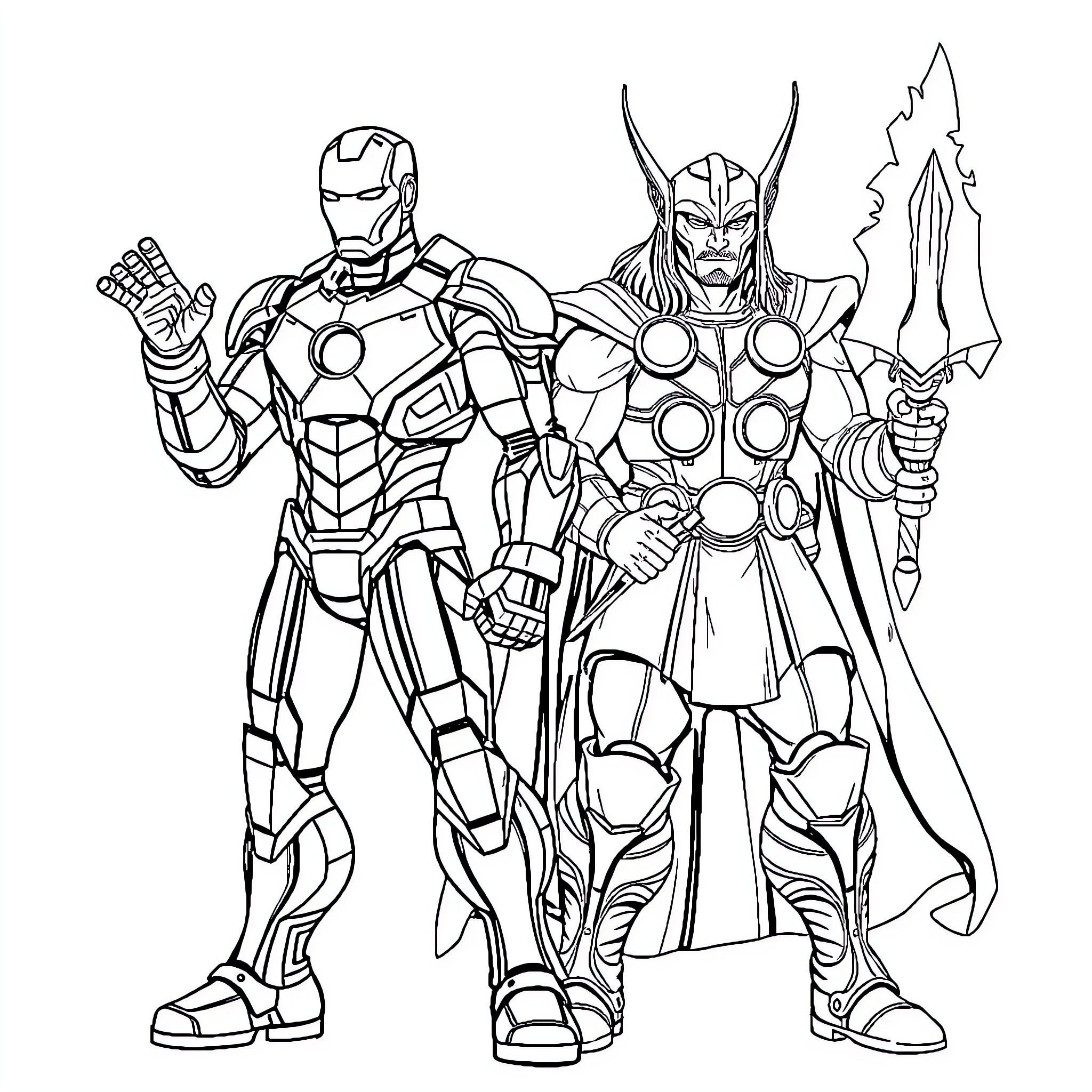 Iron Man and Thor in Epic Superhero Pose Coloring Page (free black-and-white line drawing printable PDF for all, from beginners to advanced learners, including children, teens, adults, and seniors)