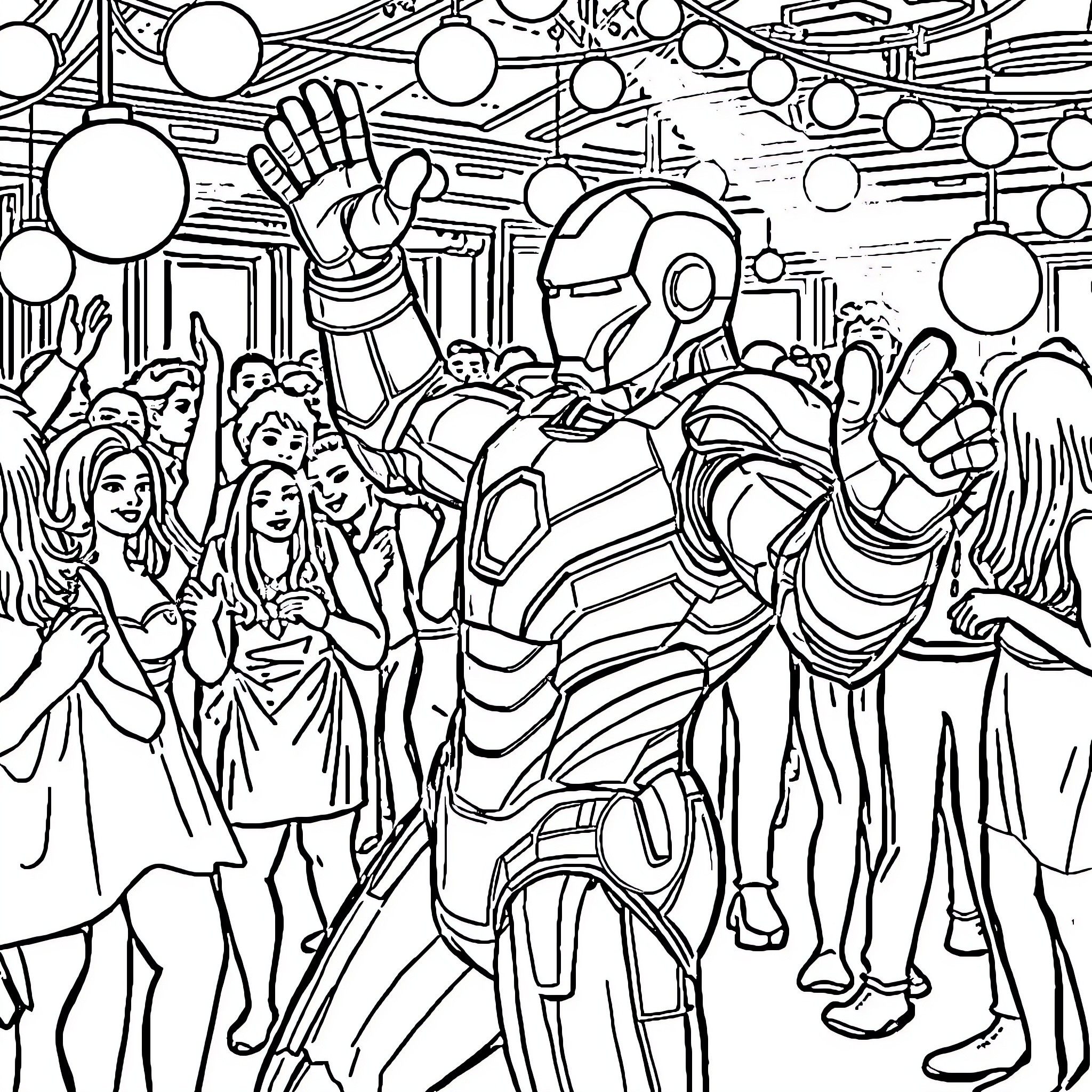 Iron Man Celebrating with Crowd in Futuristic Setting Coloring Page (free black-and-white line drawing printable PDF for all, from beginners to advanced learners, including children, teens, adults, and seniors)
