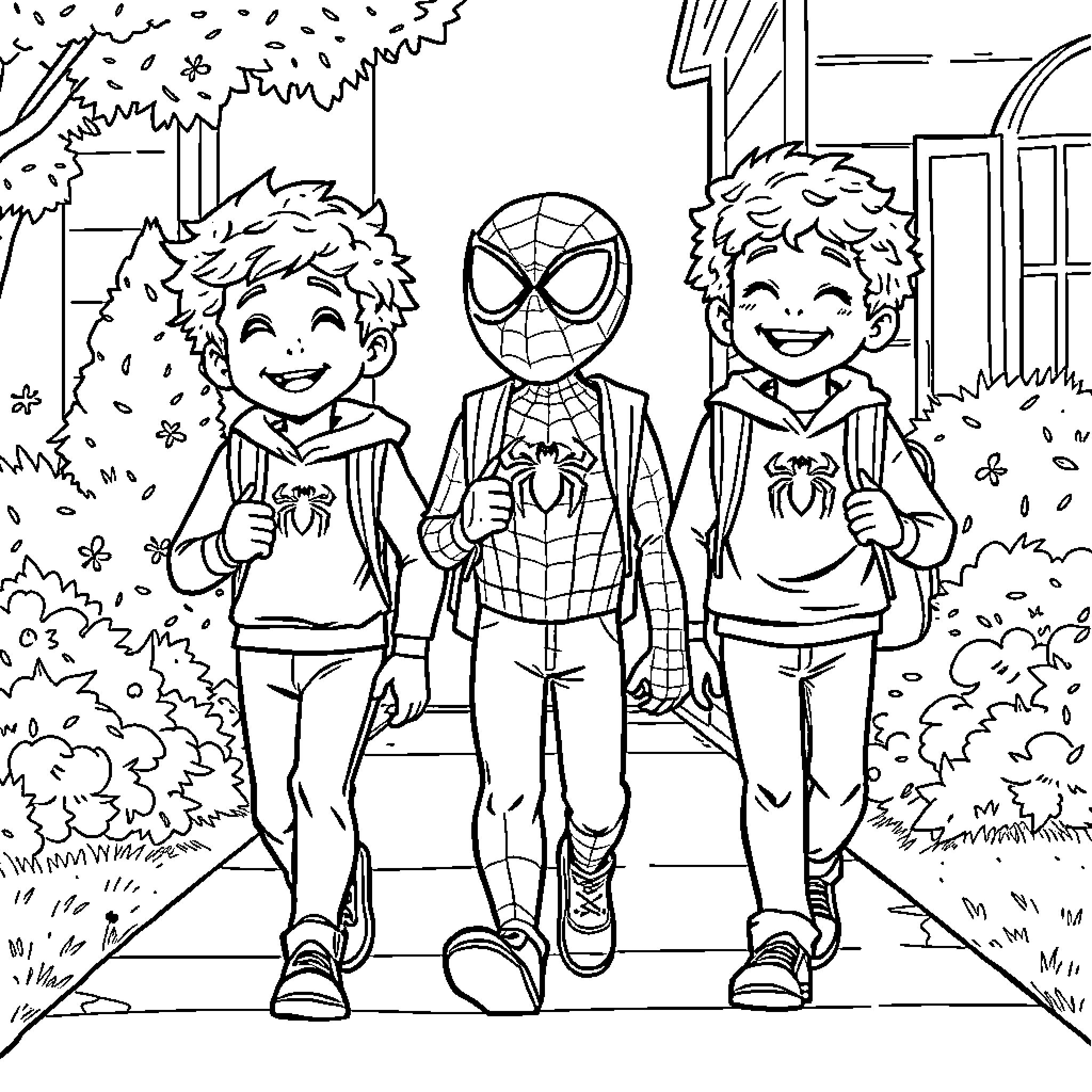 Spiderman Walking with Smiling Children Coloring Page (free black-and-white line drawing printable PDF for all, from beginners to advanced learners, including children, teens, adults, and seniors)