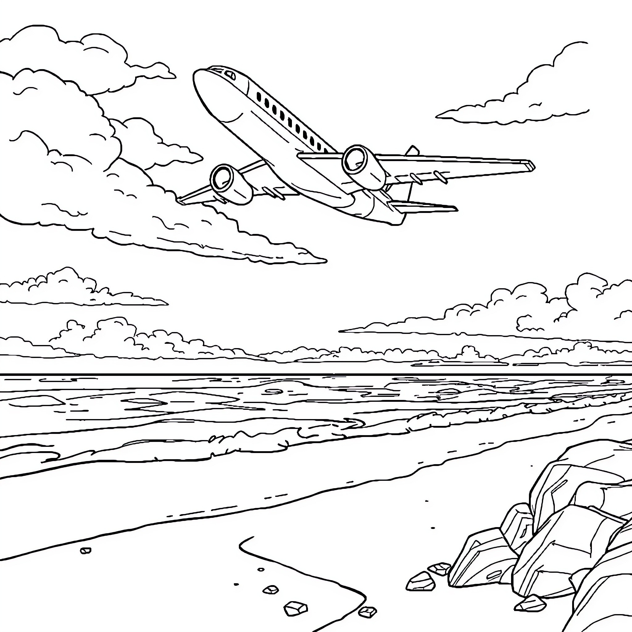 Airplane soaring over a rocky coastline Coloring Page (free black-and-white line drawing printable PDF for all, from beginners to advanced learners, including children, teens, adults, and seniors)