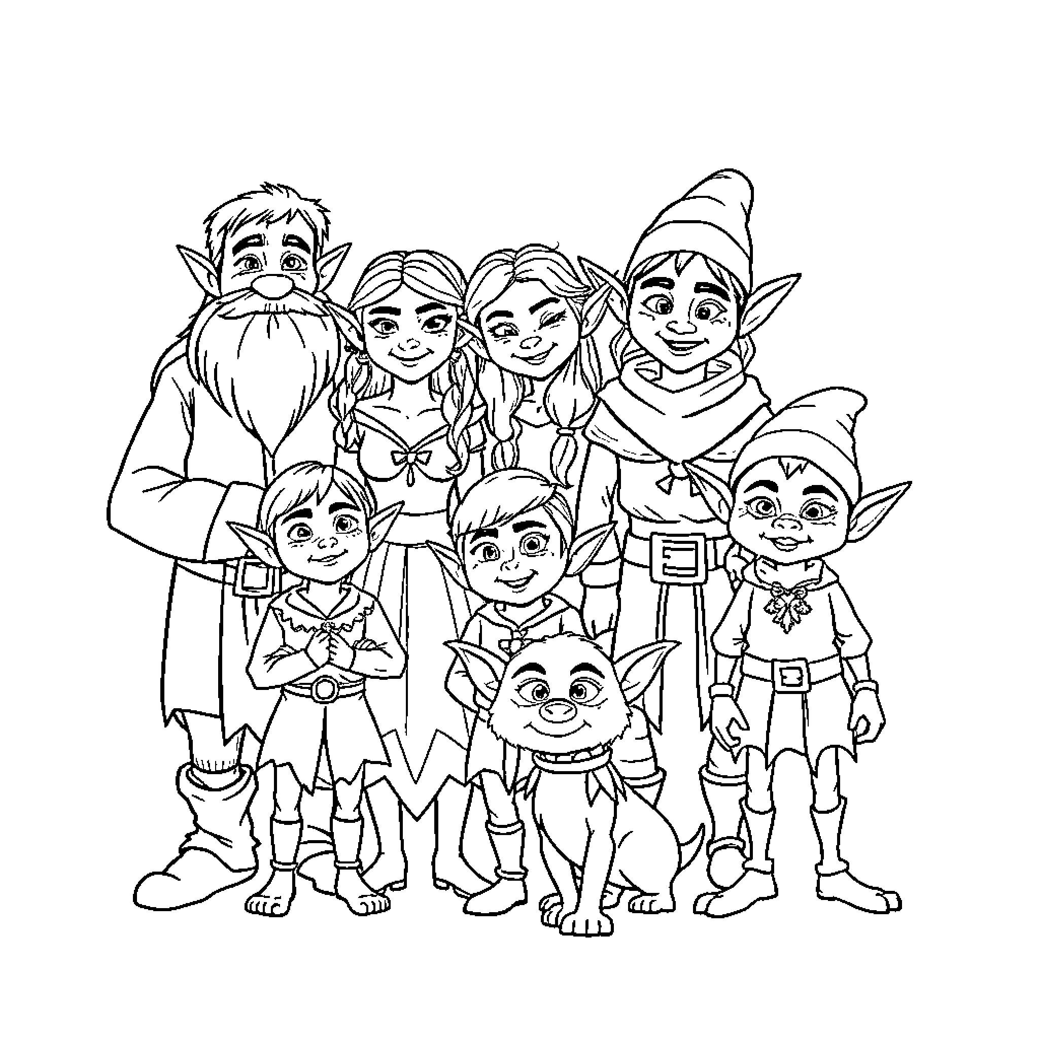 Elfo and Friends in Whimsical Outfits Coloring Page (free black-and-white line drawing printable PDF for all, from beginners to advanced learners, including children, teens, adults, and seniors)