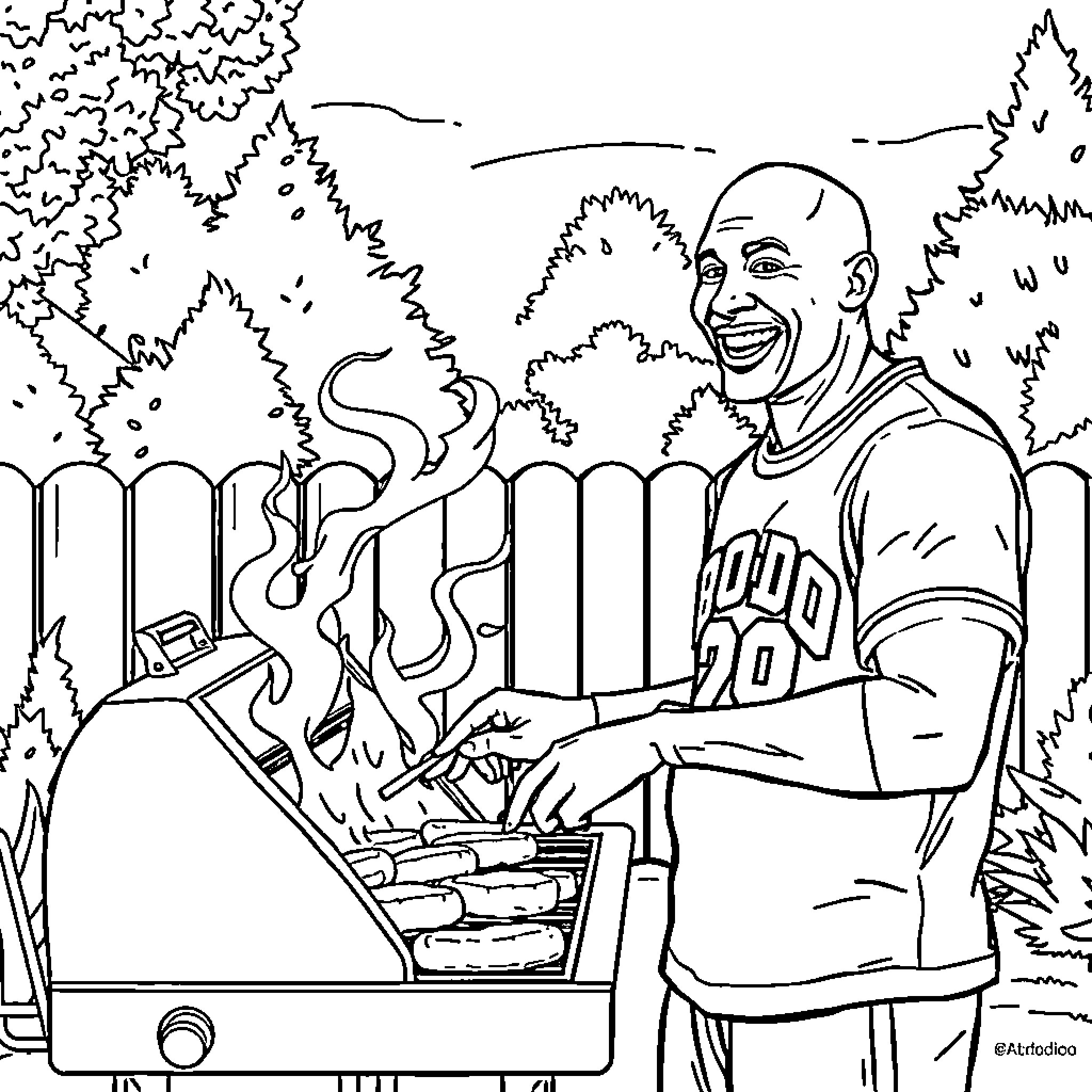 Michael Jordan grilling outdoors in the park Coloring Page (free black-and-white line drawing printable PDF for all, from beginners to advanced learners, including children, teens, adults, and seniors)