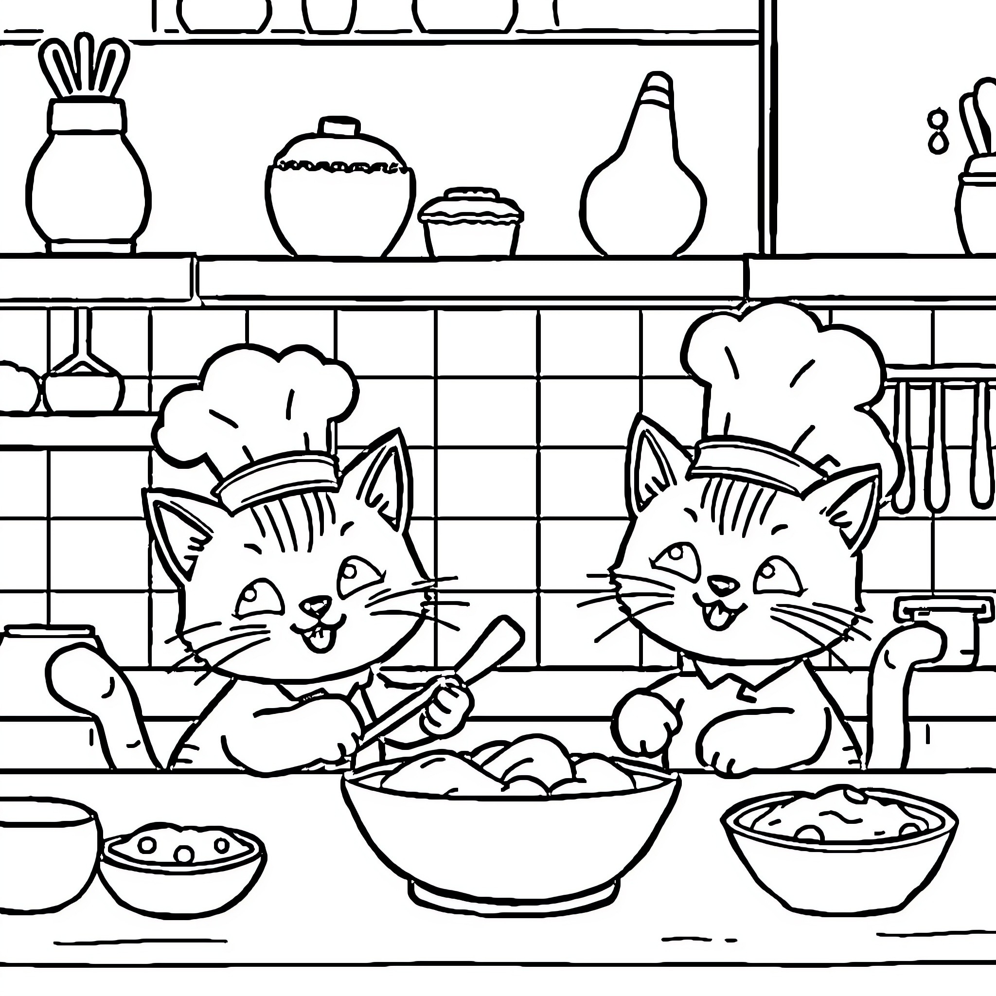 Cat Chefs Cooking in the Kitchen Coloring Page (free black-and-white line drawing printable PDF for all, from beginners to advanced learners, including children, teens, adults, and seniors)