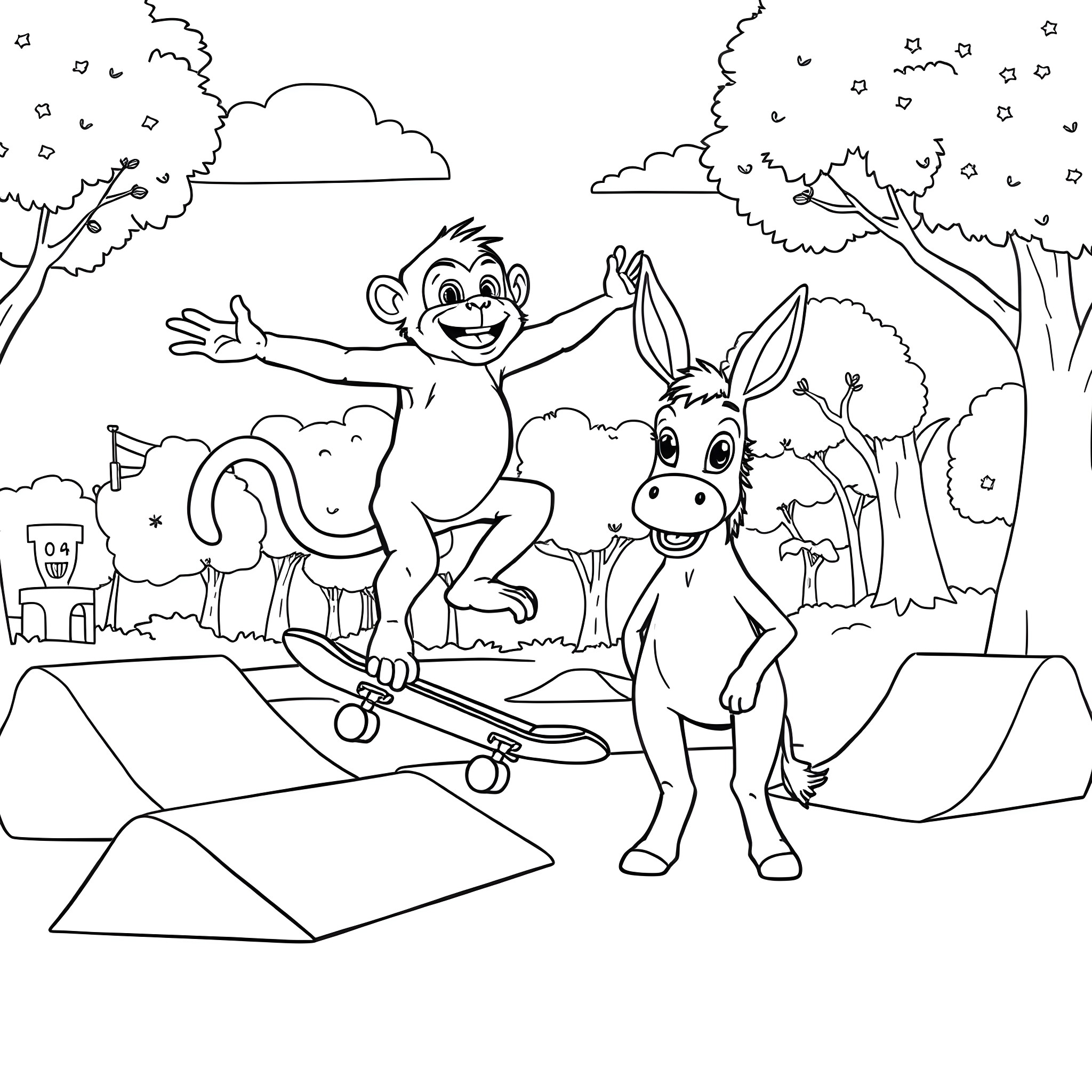 Monkey playing with donkey in the park Coloring Page (free black-and-white line drawing printable PDF for all, from beginners to advanced learners, including children, teens, adults, and seniors)