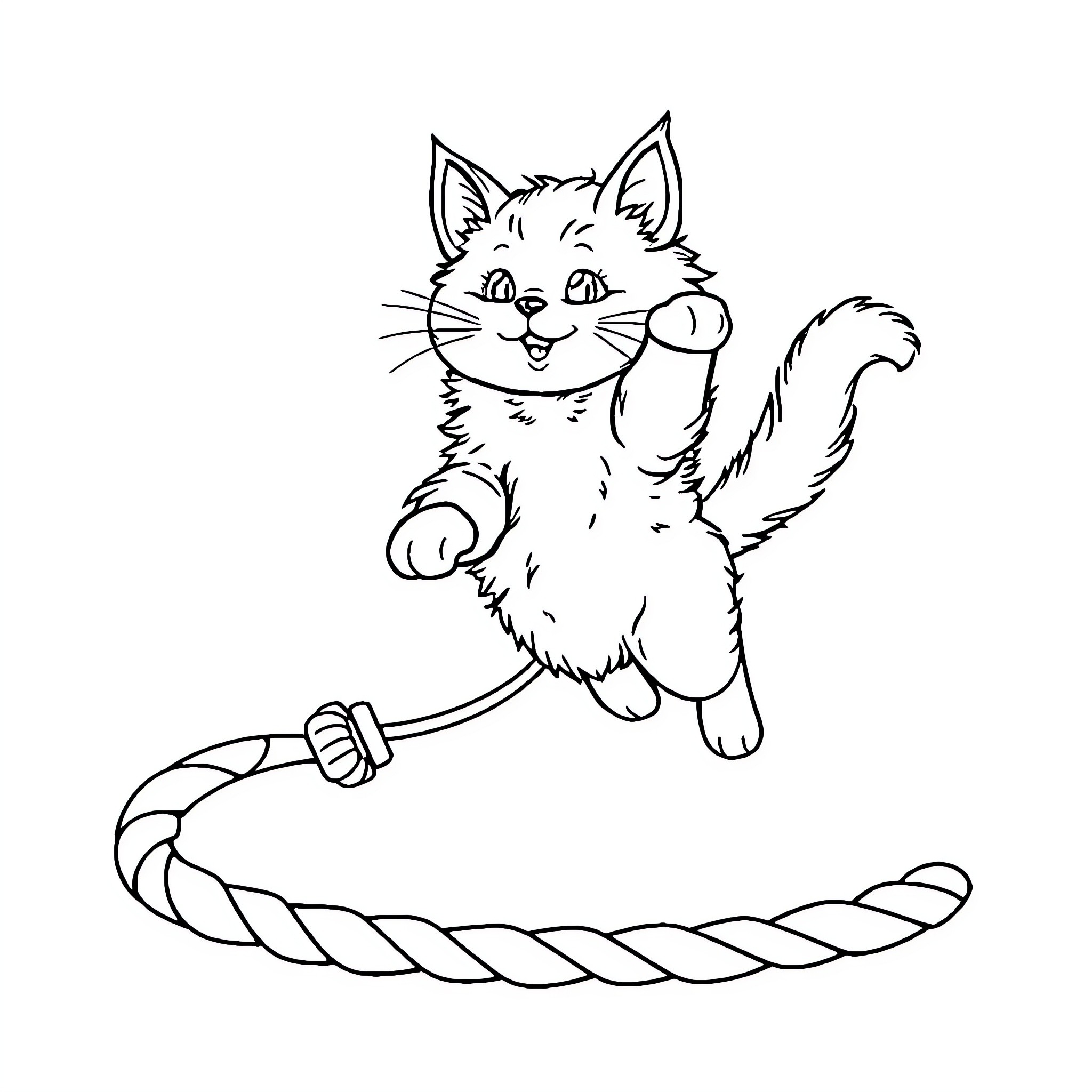 Cat playing with a rope toy Coloring Page (free black-and-white line drawing printable PDF for all, from beginners to advanced learners, including children, teens, adults, and seniors)