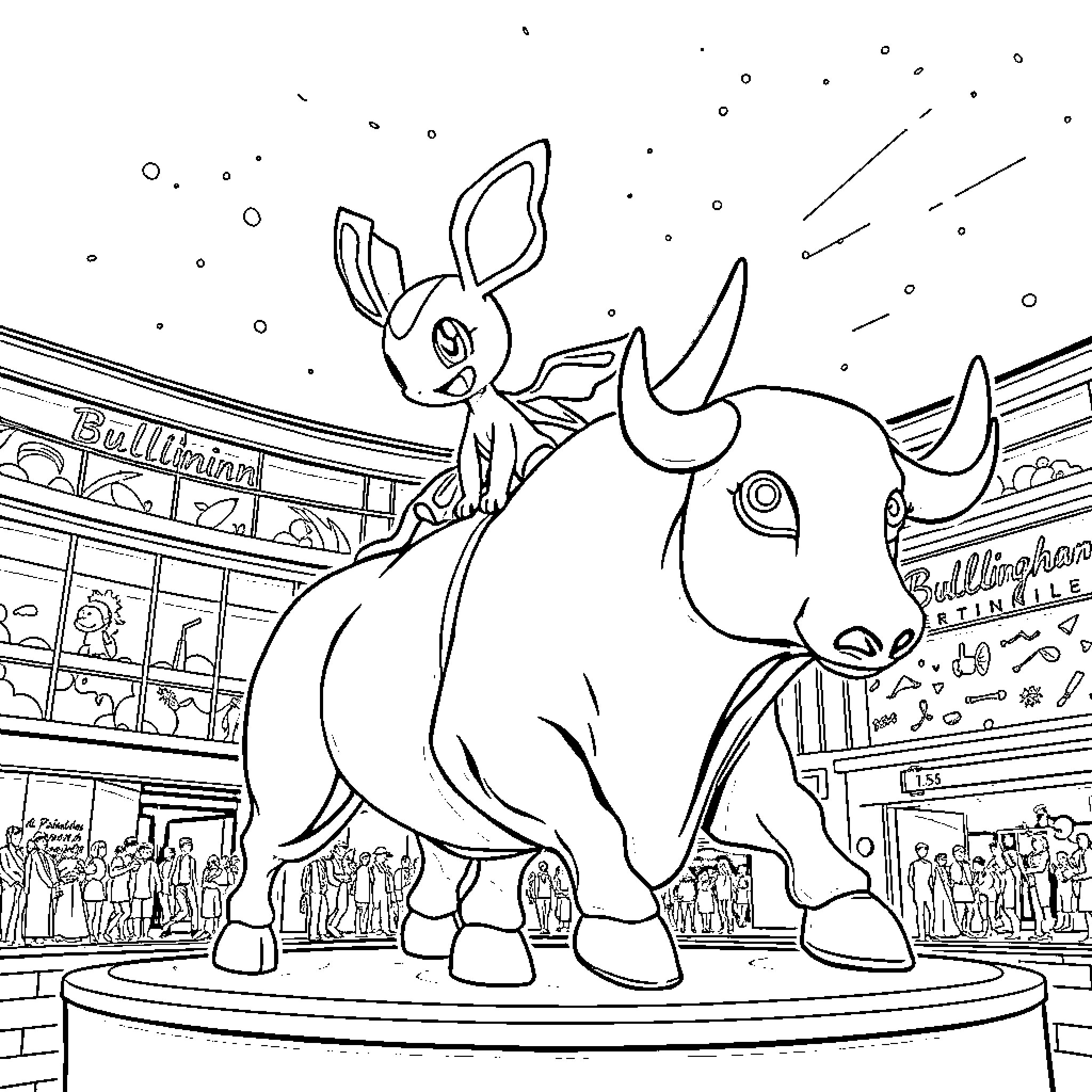 Celebi on a Rhinoceros Statue in a Whimsical Environment Coloring Page (free black-and-white line drawing printable PDF for all, from beginners to advanced learners, including children, teens, adults, and seniors)