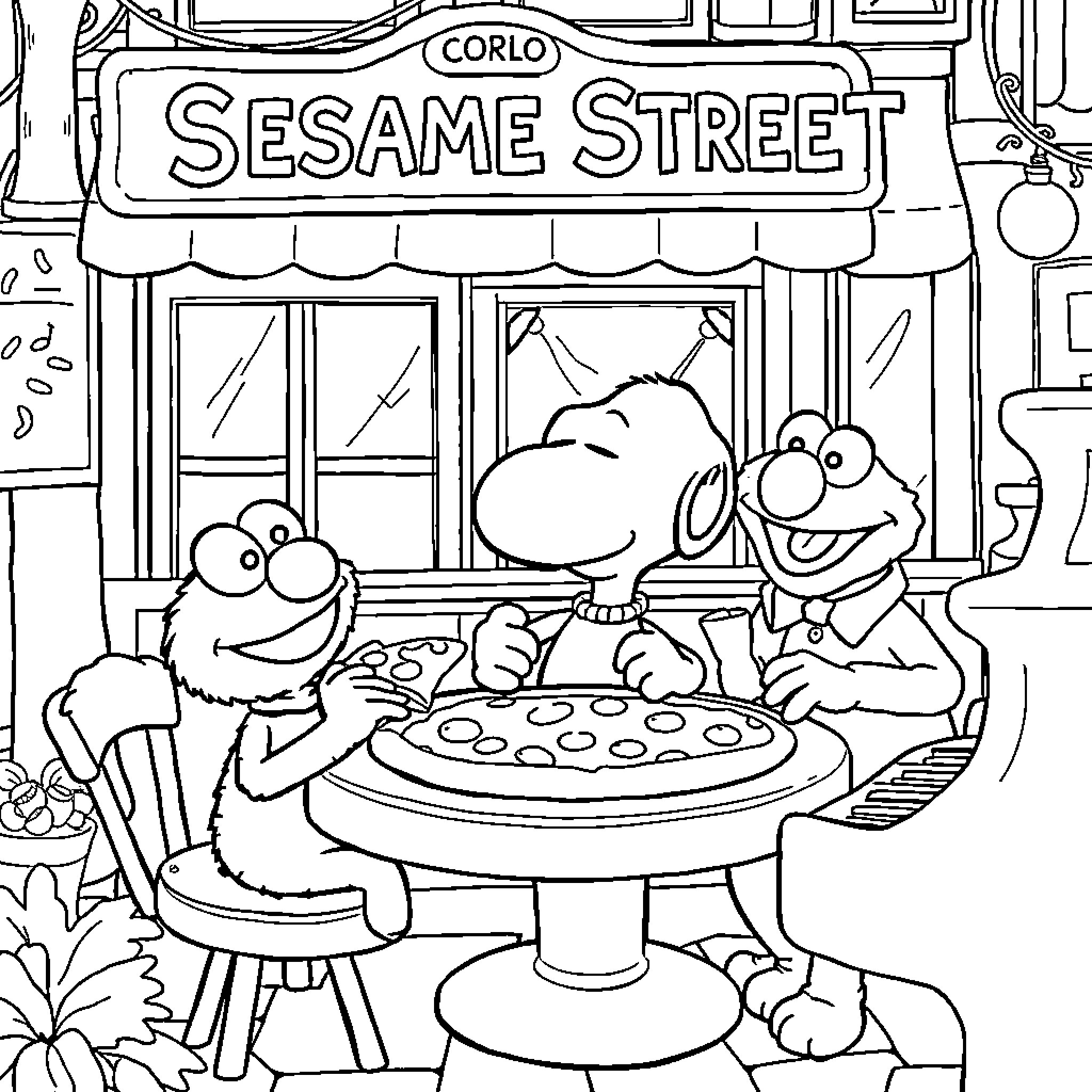 Snoopy and Friends Enjoying Treats on Sesame Street Coloring Page (free black-and-white line drawing printable PDF for all, from beginners to advanced learners, including children, teens, adults, and seniors)