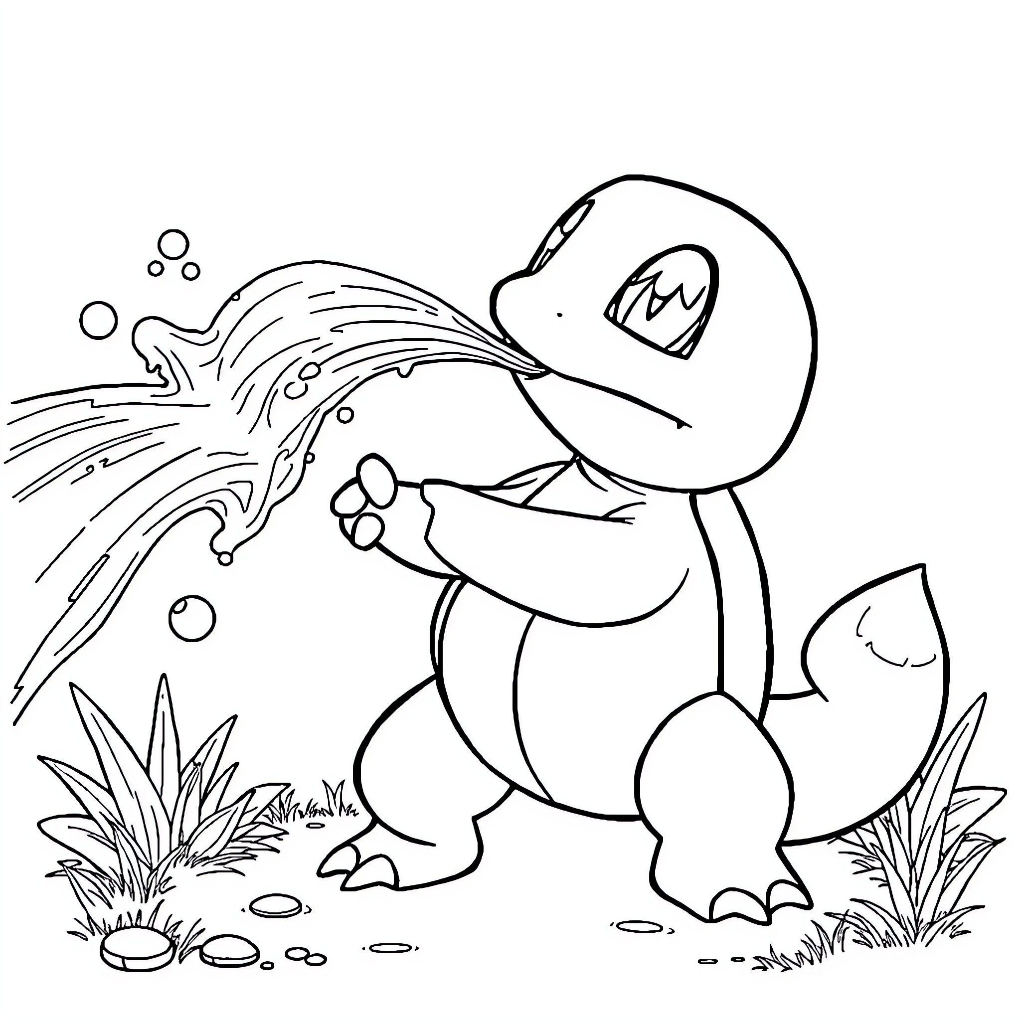 Squirtle blasting water in the wild Coloring Page (free black-and-white line drawing printable PDF for all, from beginners to advanced learners, including children, teens, adults, and seniors)