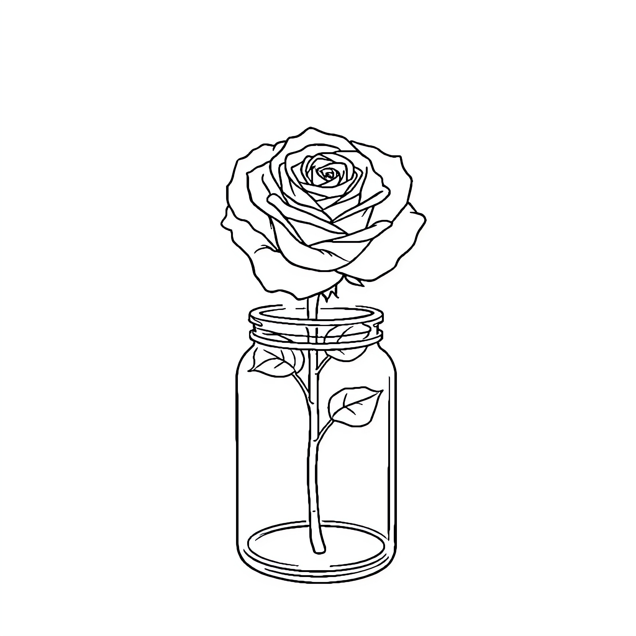 Rose in a glass jar Coloring Page (free black-and-white line drawing printable PDF for all, from beginners to advanced learners, including children, teens, adults, and seniors)