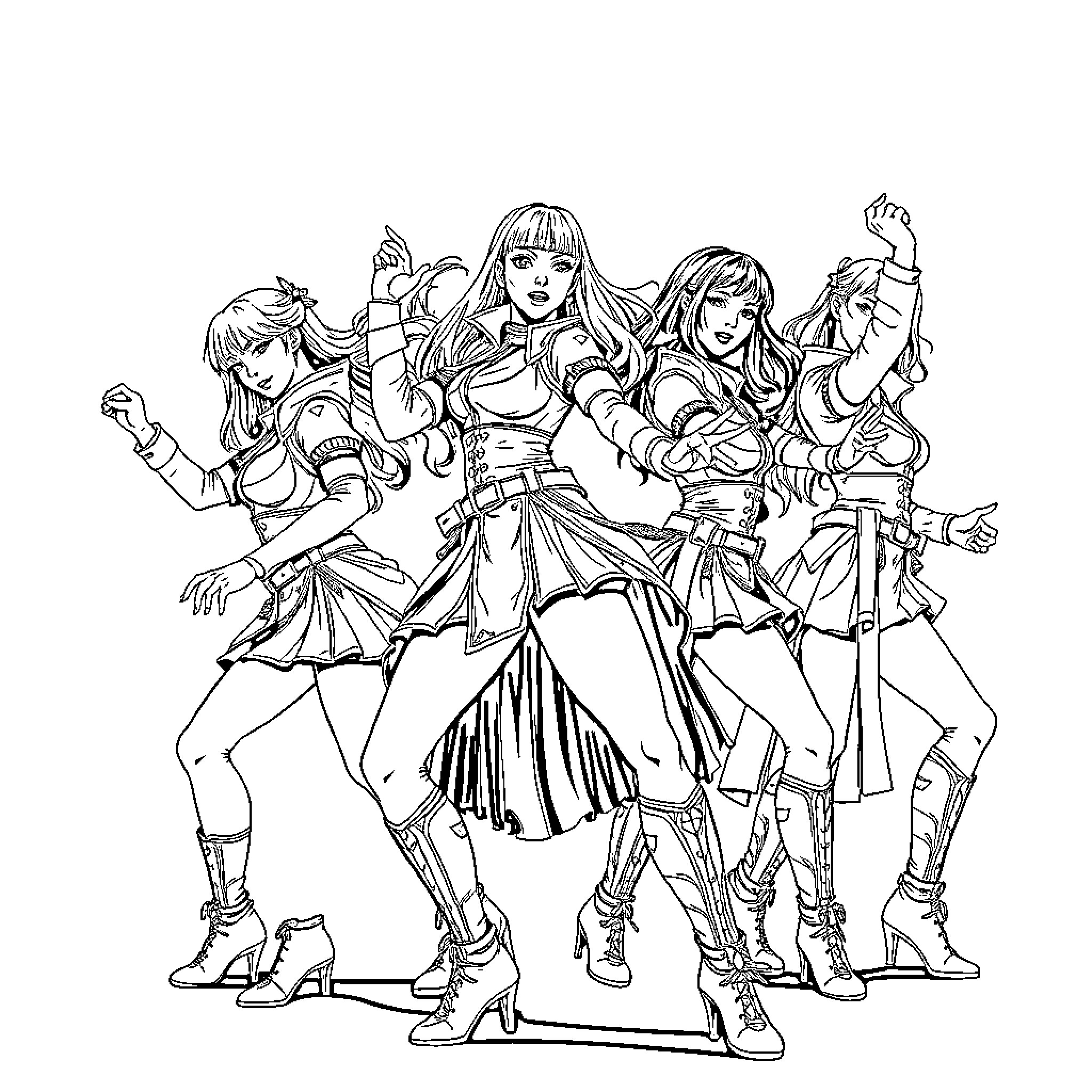 K Pop Warrior Quartet Striking Fierce Poses Coloring Page (free black-and-white line drawing printable PDF for all, from beginners to advanced learners, including children, teens, adults, and seniors)