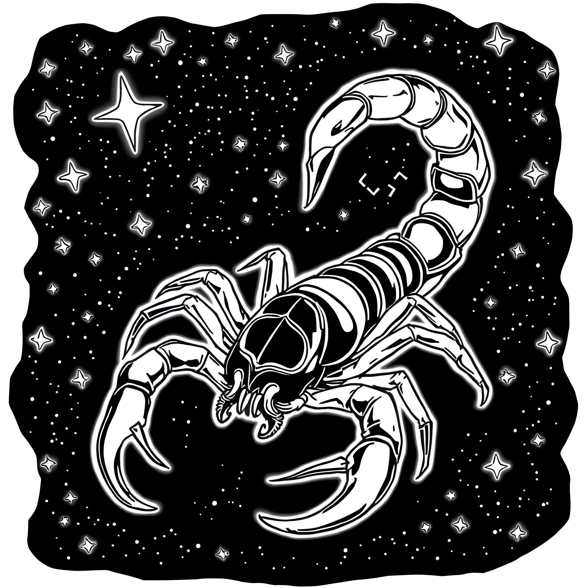 Scorpio - Celestial Scorpion in Starry Night Coloring Page (free black-and-white line drawing printable PDF for all, from beginners to advanced learners, including children, teens, adults, and seniors)
