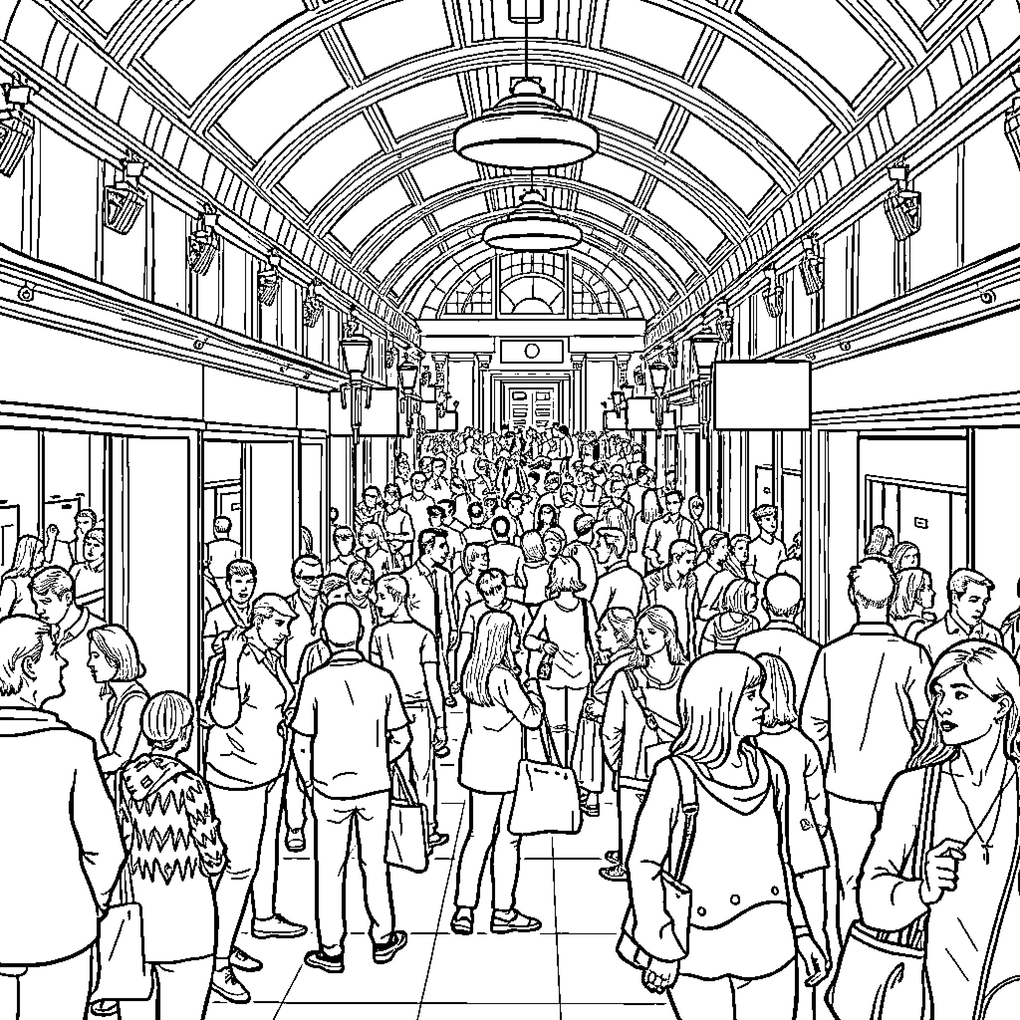 Hub of Bustling Crowds in a Grand Architectural Space Coloring Page (free black-and-white line drawing printable PDF for all, from beginners to advanced learners, including children, teens, adults, and seniors)