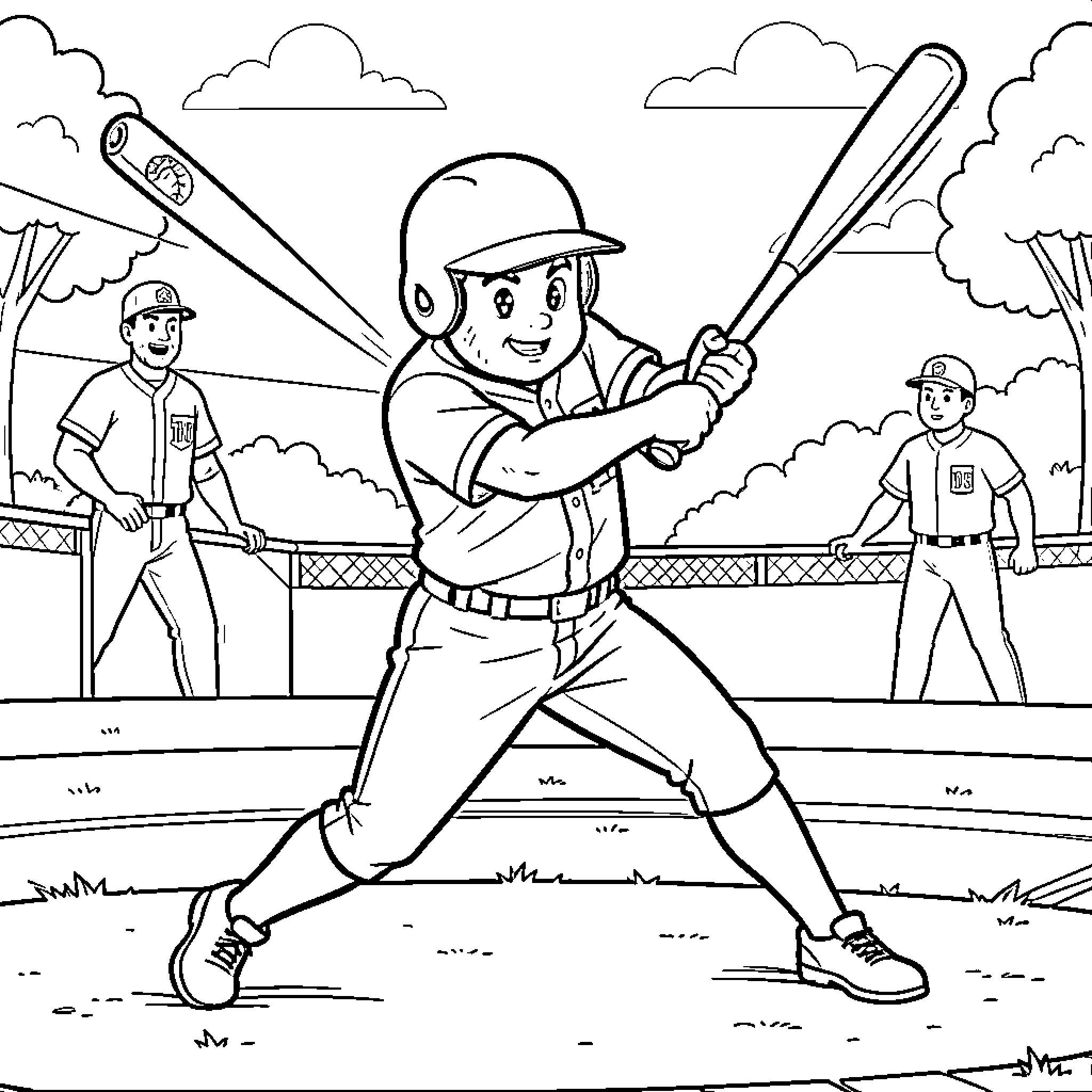 Baseball player swinging a bat during a game Coloring Page (free black-and-white line drawing printable PDF for all, from beginners to advanced learners, including children, teens, adults, and seniors)