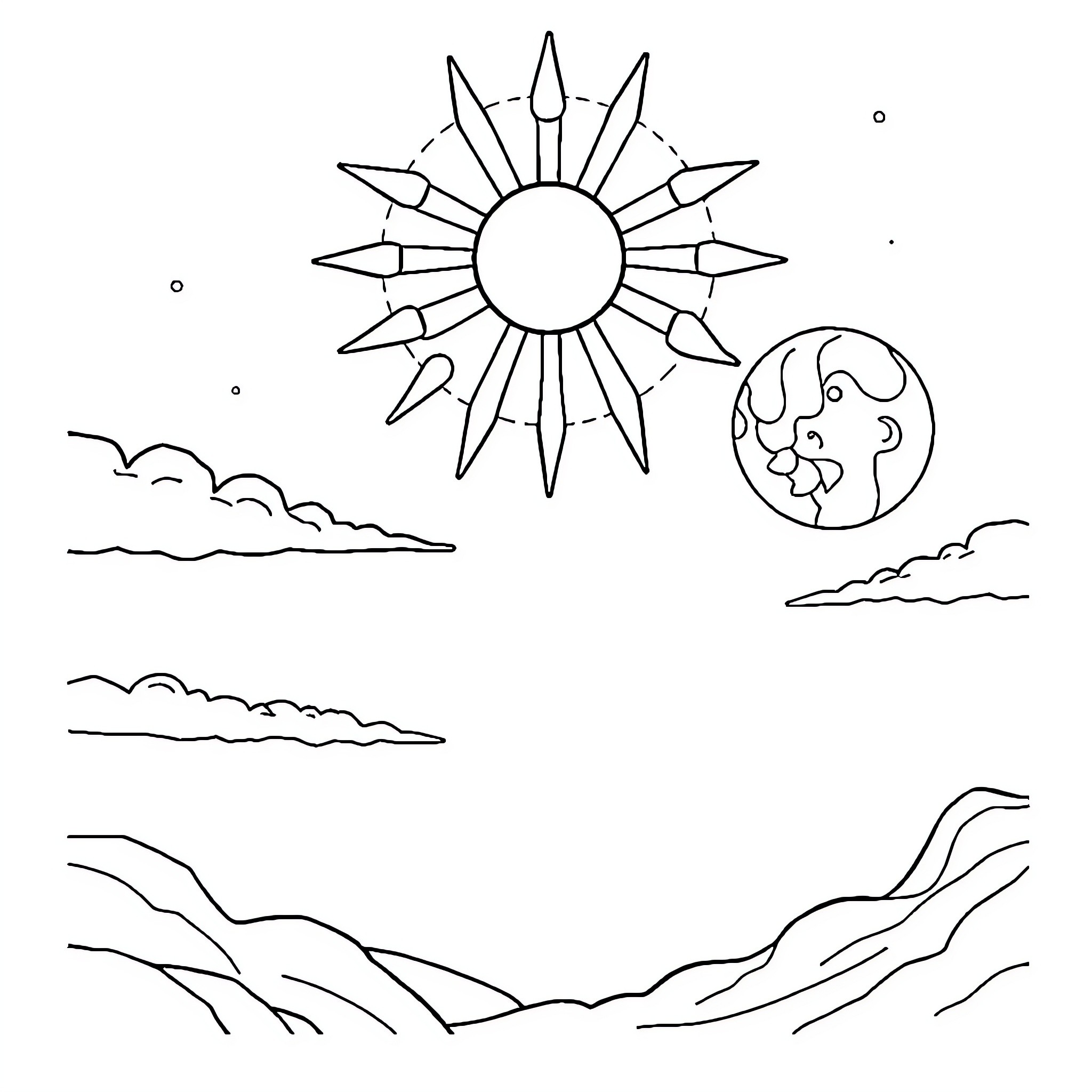 Sun and Moon Landscape Illustration Coloring Page (free black-and-white line drawing printable PDF for all, from beginners to advanced learners, including children, teens, adults, and seniors)
