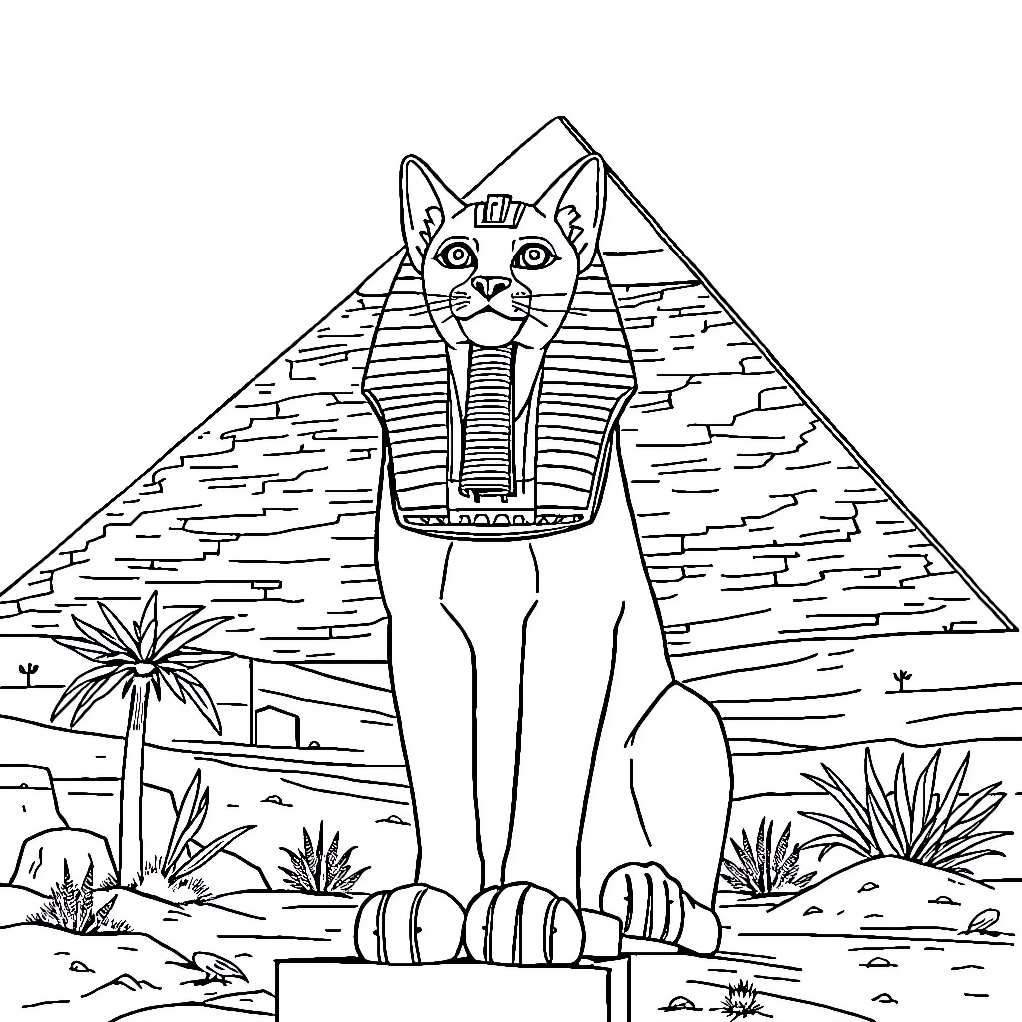 Bast, the Egyptian Cat Deity, Before the Pyramids Coloring Page (free black-and-white line drawing printable PDF for all, from beginners to advanced learners, including children, teens, adults, and seniors)