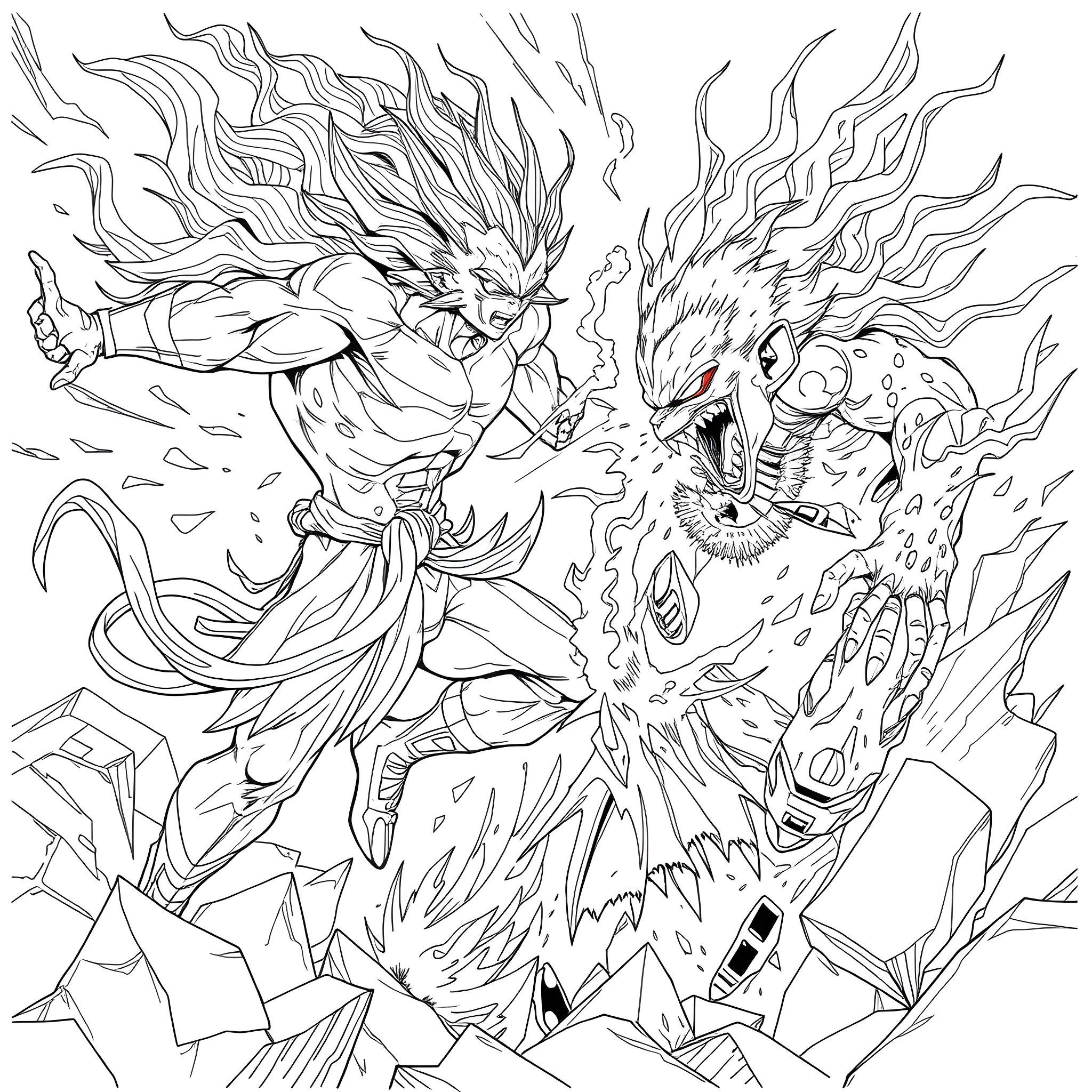 Shadic's Mythical Clash of Power and Fury Coloring Page (free black-and-white line drawing printable PDF for all, from beginners to advanced learners, including children, teens, adults, and seniors)