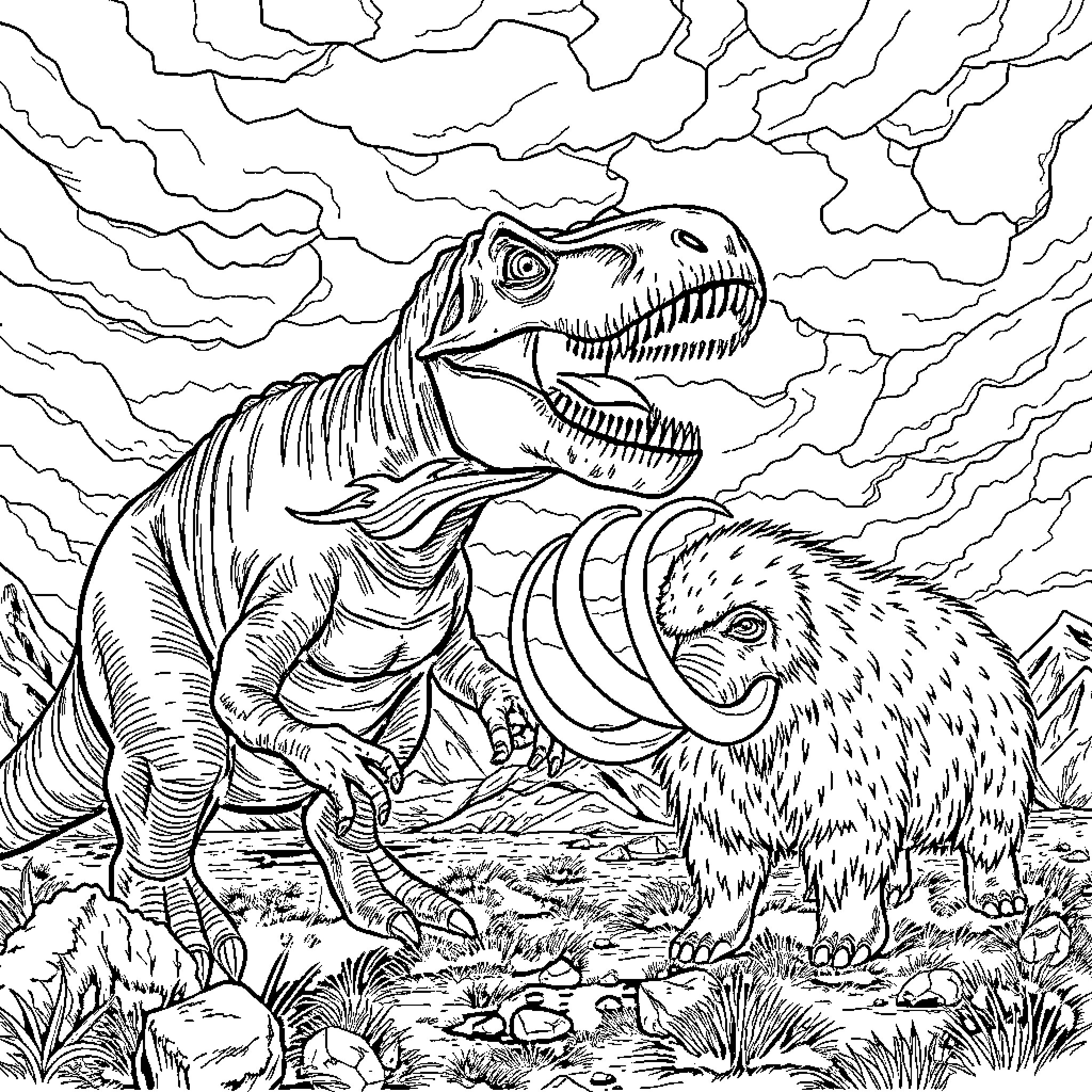 T-Rex roaring amidst prehistoric landscape Coloring Page (free black-and-white line drawing printable PDF for all, from beginners to advanced learners, including children, teens, adults, and seniors)