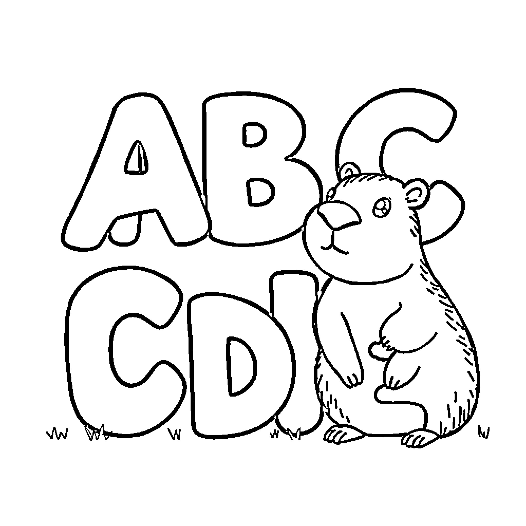 Capybara playing with alphabet letters Coloring Page (free black-and-white line drawing printable PDF for all, from beginners to advanced learners, including children, teens, adults, and seniors)