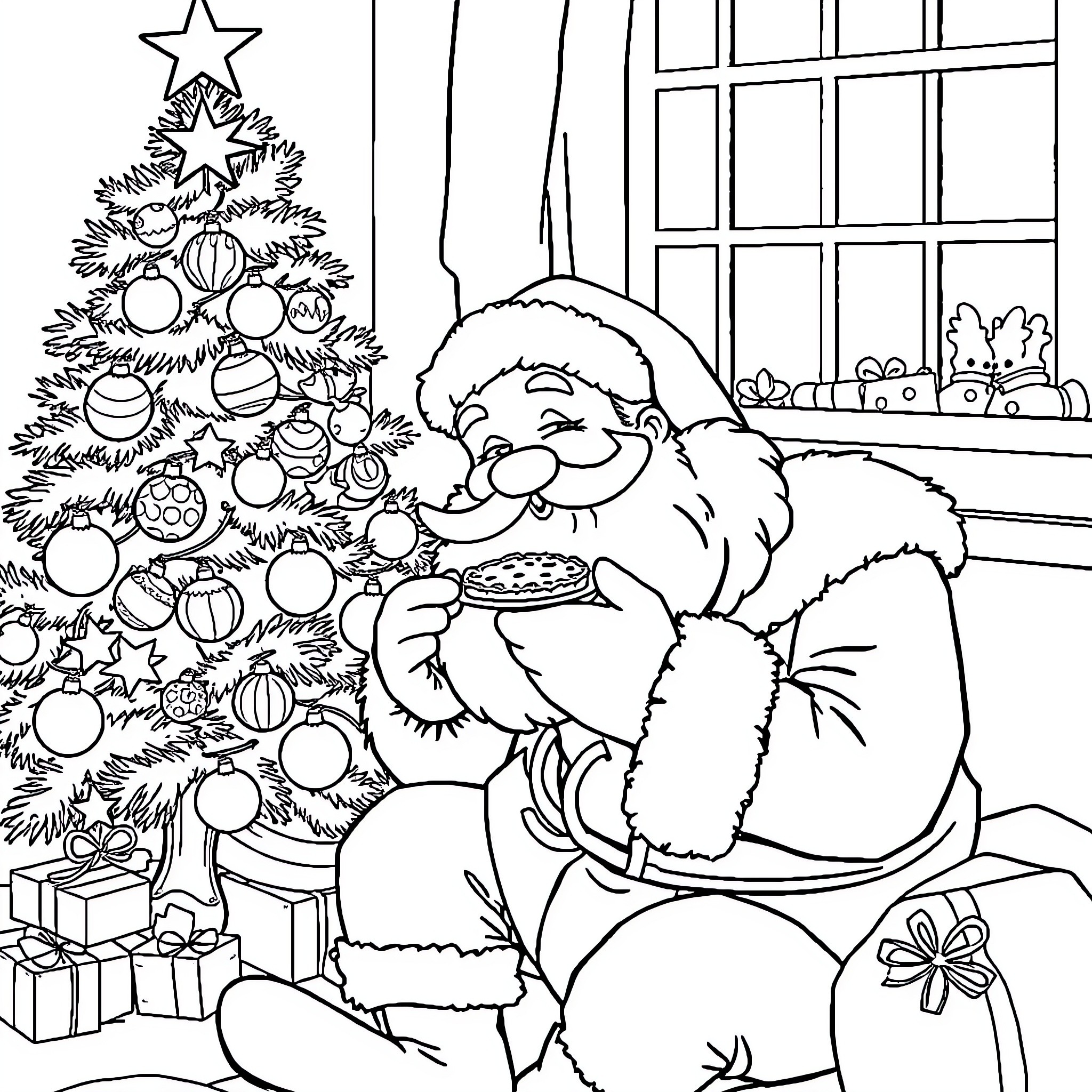 Santa decorating Christmas tree in cozy home Coloring Page (free black-and-white line drawing printable PDF for all, from beginners to advanced learners, including children, teens, adults, and seniors)