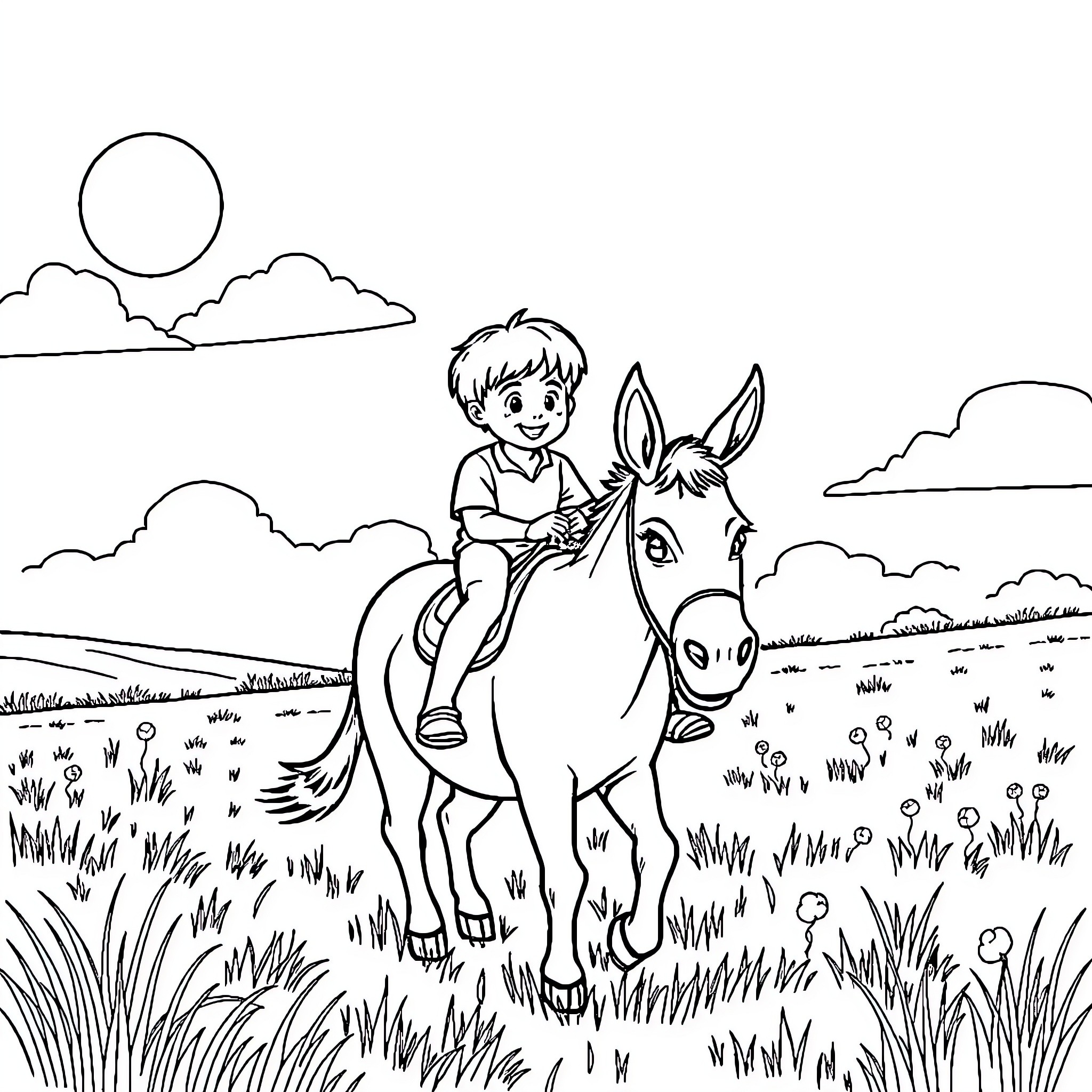 Donkey and boy enjoying a sunny day ride Coloring Page (free black-and-white line drawing printable PDF for all, from beginners to advanced learners, including children, teens, adults, and seniors)