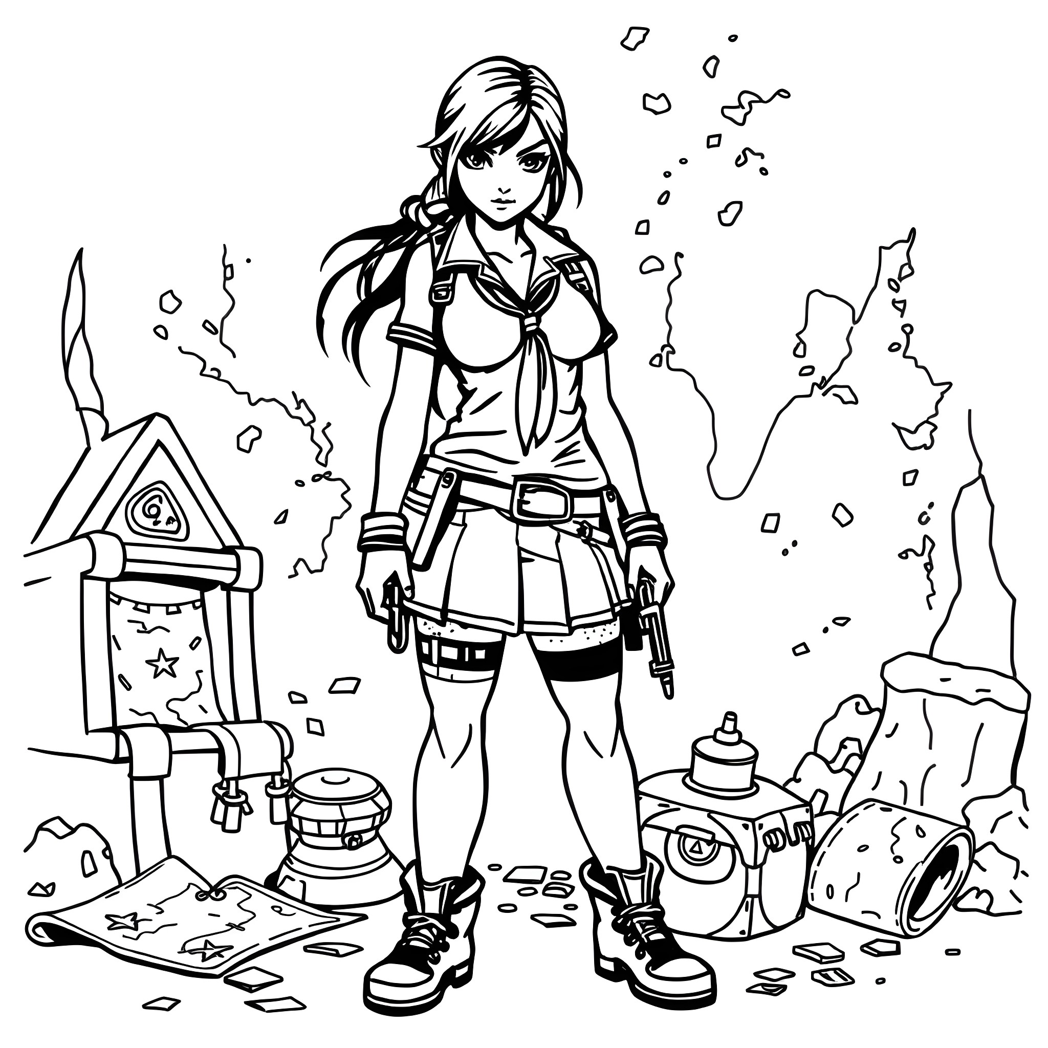 Lara Croft Exploring Ruins and Artifacts Coloring Page (free black-and-white line drawing printable PDF for all, from beginners to advanced learners, including children, teens, adults, and seniors)
