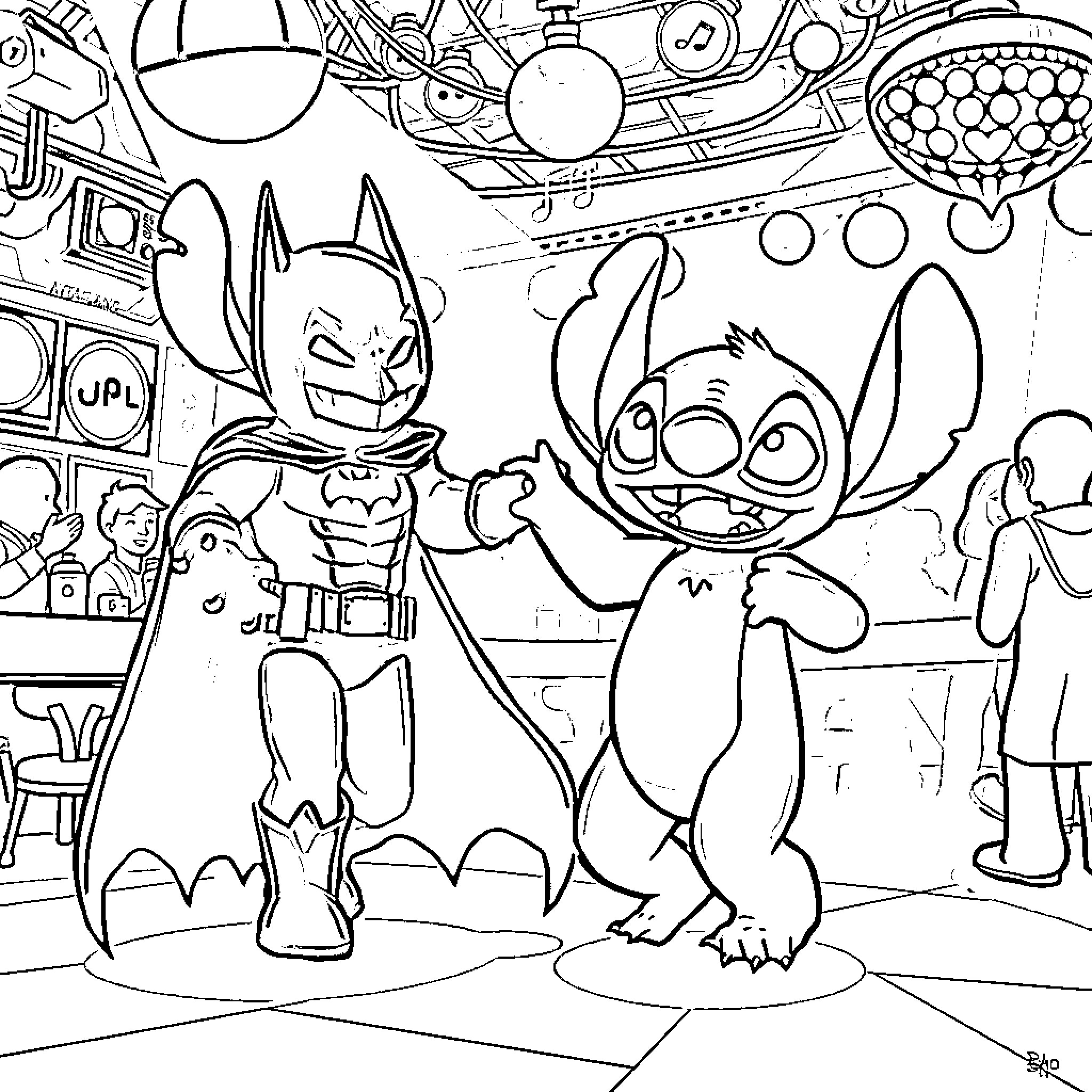 Stitch and Batman Playful Encounter in Cartoon World Coloring Page (free black-and-white line drawing printable PDF for all, from beginners to advanced learners, including children, teens, adults, and seniors)