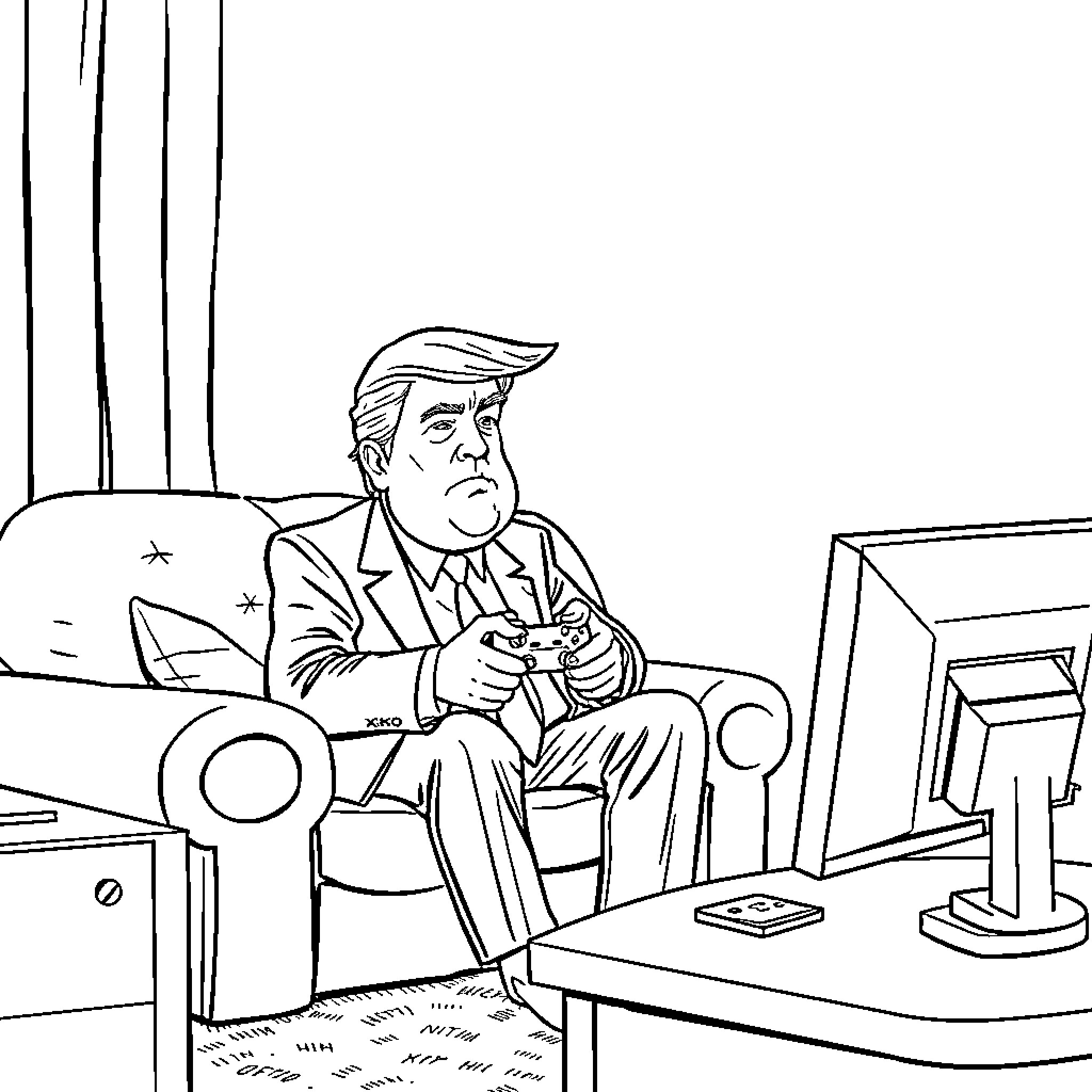 Donald Trump playing video games in the Oval Office Coloring Page (free black-and-white line drawing printable PDF for all, from beginners to advanced learners, including children, teens, adults, and seniors)