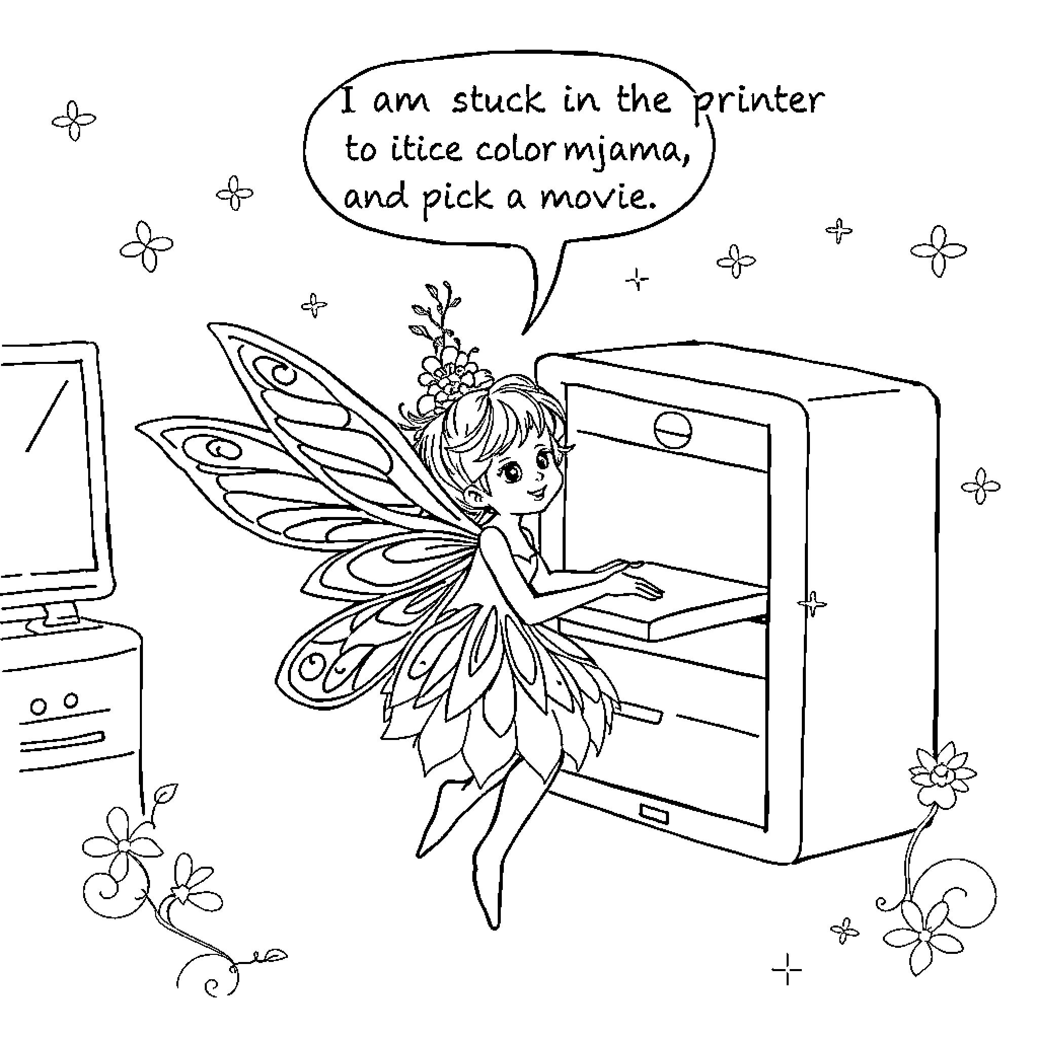 Fairy stuck in the printer, choosing a movie Coloring Page (free black-and-white line drawing printable PDF for all, from beginners to advanced learners, including children, teens, adults, and seniors)