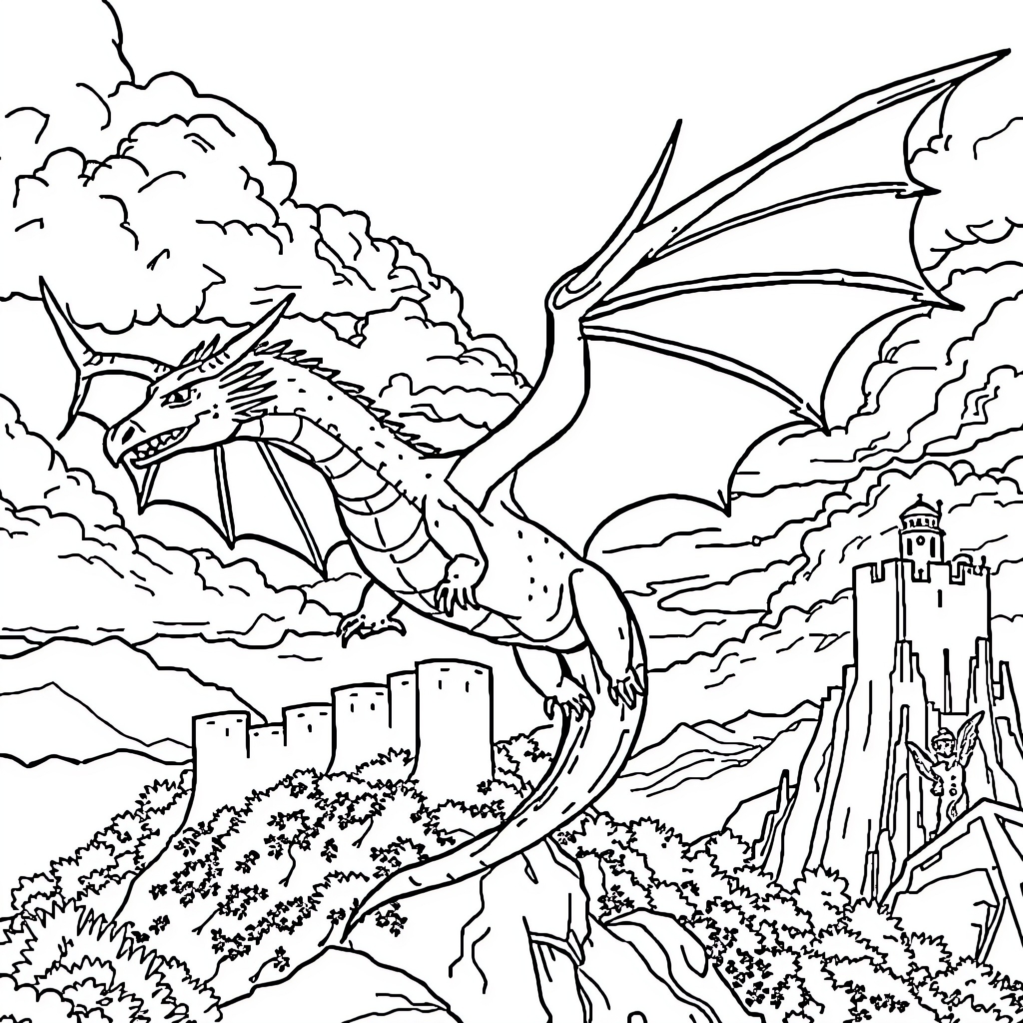 Dragon Soaring Over Majestic Castle in the Clouds Coloring Page (free black-and-white line drawing printable PDF for all, from beginners to advanced learners, including children, teens, adults, and seniors)