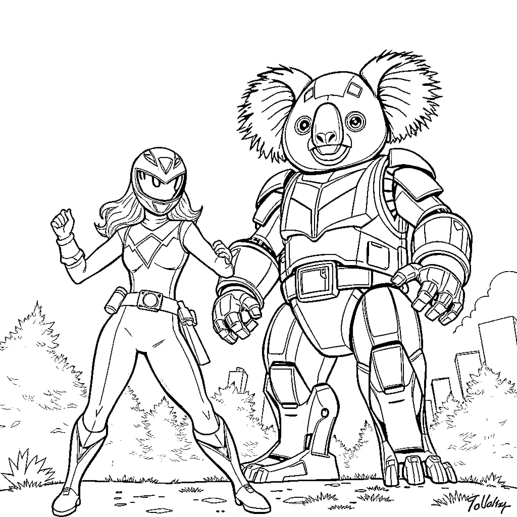 Power Rangers Heroic Duo in Action Coloring Page (free black-and-white line drawing printable PDF for all, from beginners to advanced learners, including children, teens, adults, and seniors)