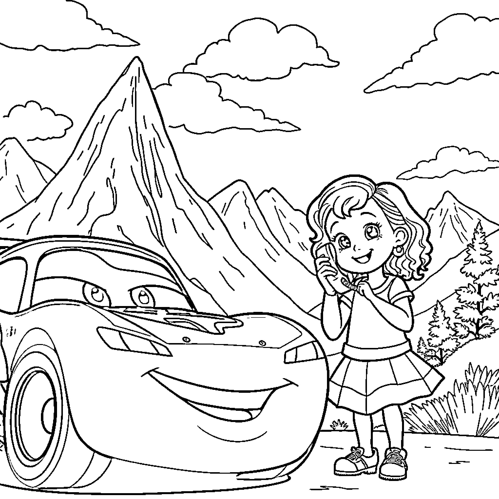Lightning McQueen and Young Girl in a Mountainous Landscape Coloring Page (free black-and-white line drawing printable PDF for all, from beginners to advanced learners, including children, teens, adults, and seniors)