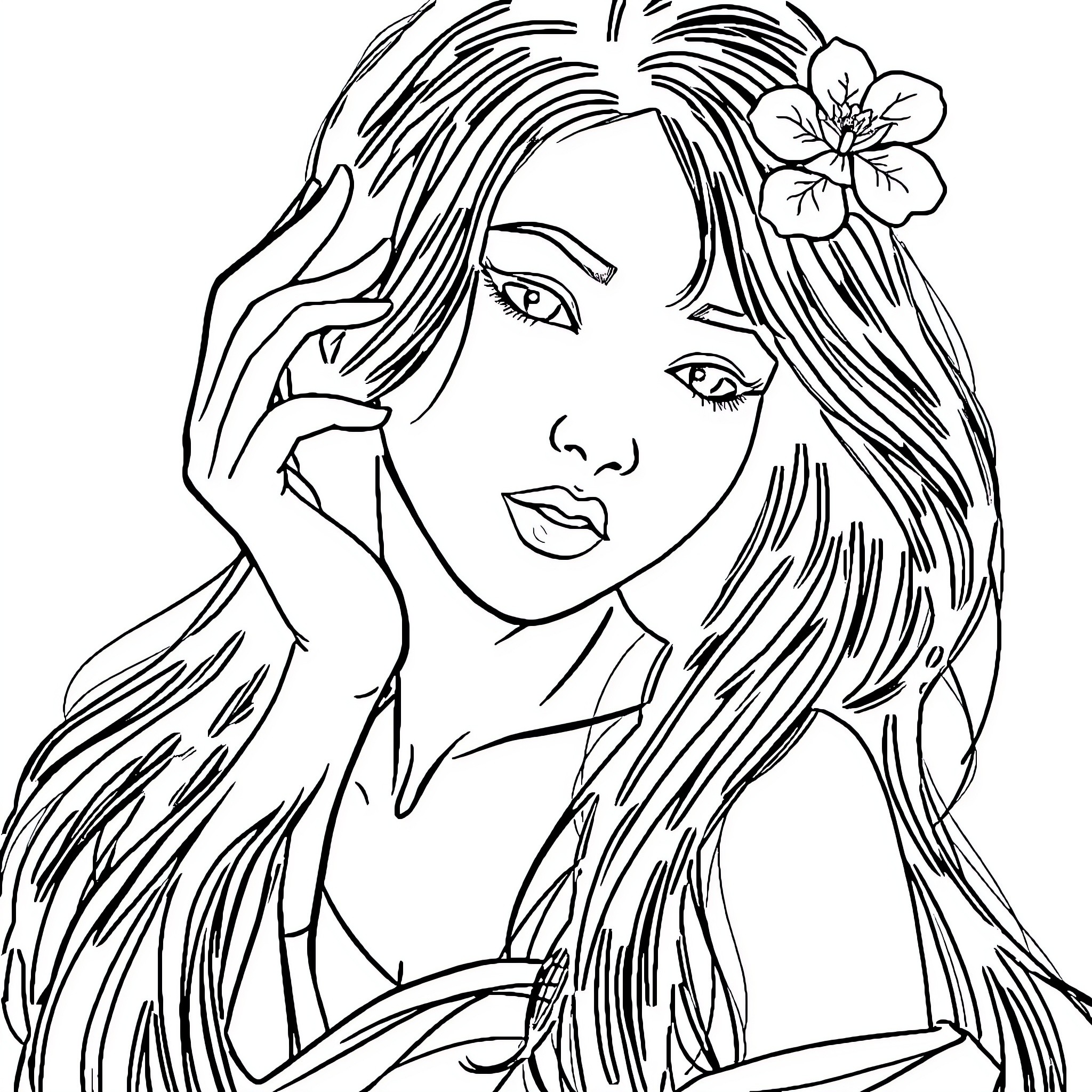 Woman with flower in hair and thoughtful expression Coloring Page (free black-and-white line drawing printable PDF for all, from beginners to advanced learners, including children, teens, adults, and seniors)