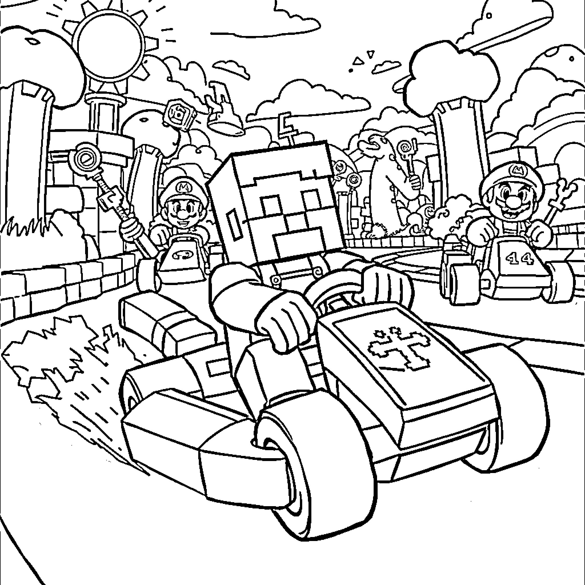 Steve's Exciting Kart Adventure in the Vibrant Cityscape Coloring Page (free black-and-white line drawing printable PDF for all, from beginners to advanced learners, including children, teens, adults, and seniors)