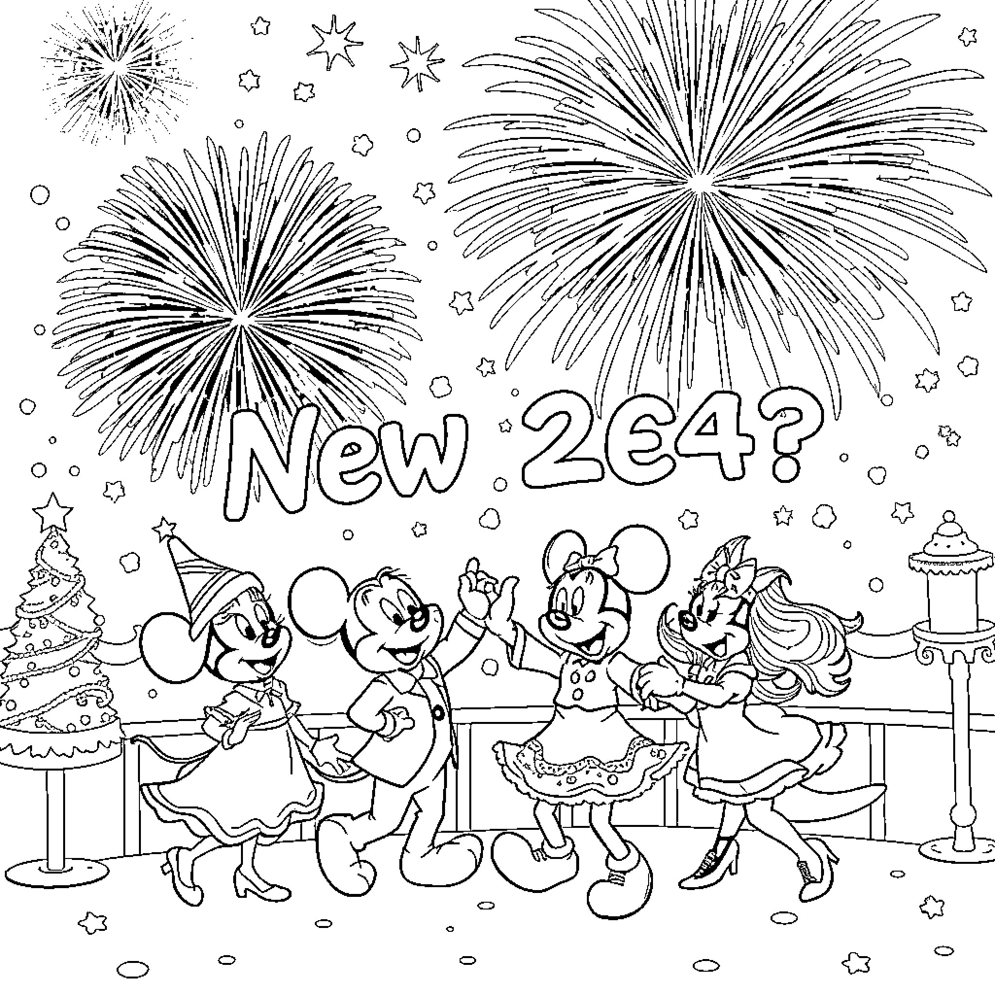 Disney characters celebrating the New Year with fireworks Coloring Page (free black-and-white line drawing printable PDF for all, from beginners to advanced learners, including children, teens, adults, and seniors)