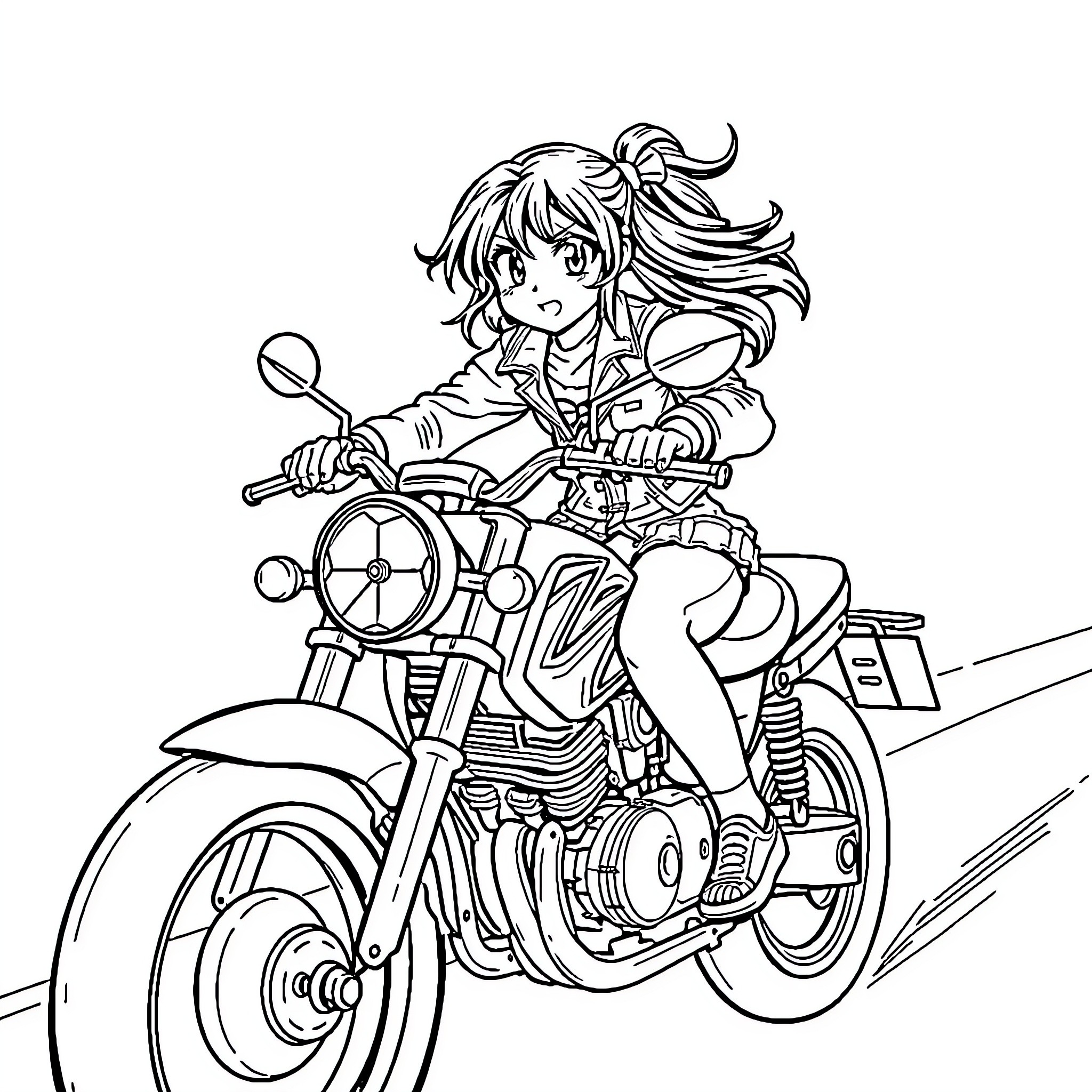 Nezuko riding a motorcycle with determination Coloring Page (free black-and-white line drawing printable PDF for all, from beginners to advanced learners, including children, teens, adults, and seniors)