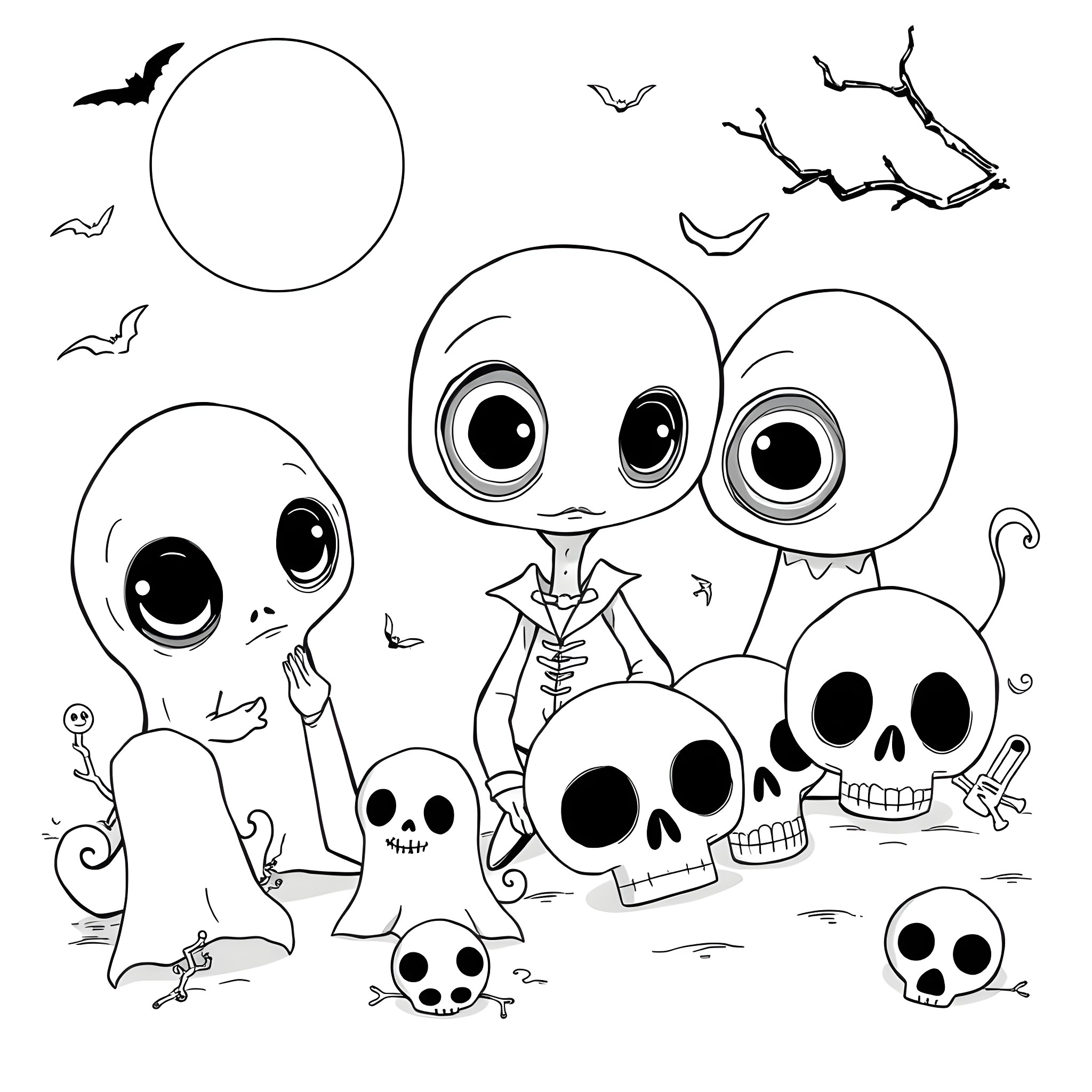 Kawaii Halloween Creatures in Spooky Scene Coloring Page (free black-and-white line drawing printable PDF for all, from beginners to advanced learners, including children, teens, adults, and seniors)
