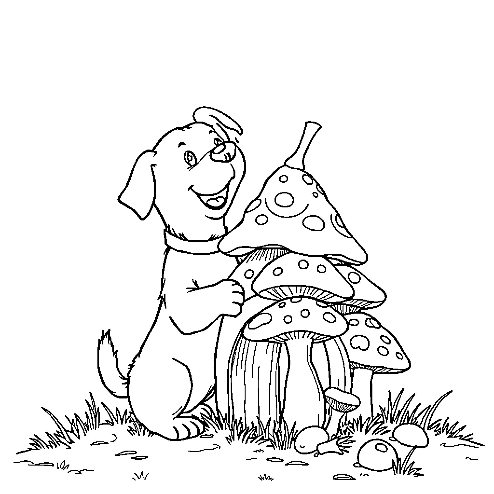 Dog exploring whimsical mushrooms in the forest Coloring Page (free black-and-white line drawing printable PDF for all, from beginners to advanced learners, including children, teens, adults, and seniors)