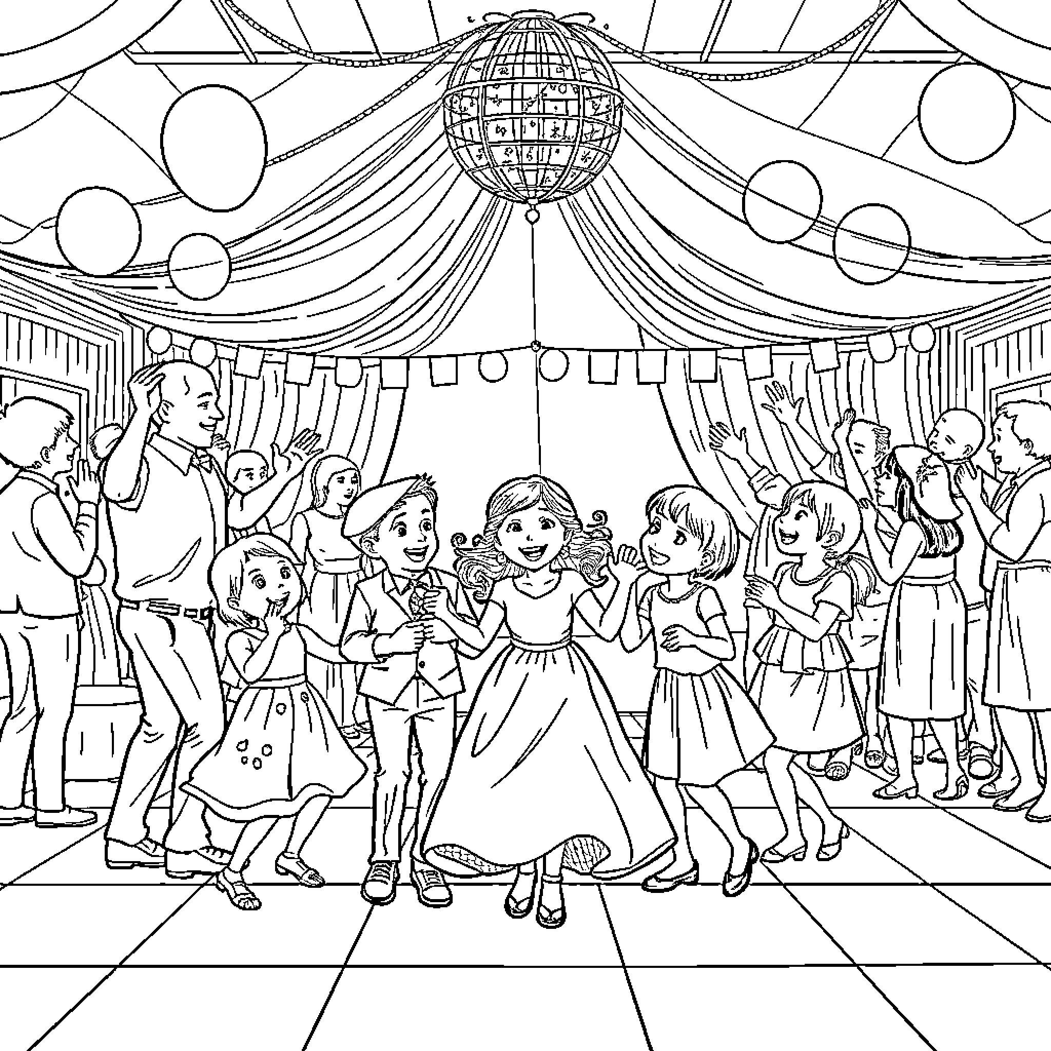 Kid dancing at a festive party with friends Coloring Page (free black-and-white line drawing printable PDF for all, from beginners to advanced learners, including children, teens, adults, and seniors)