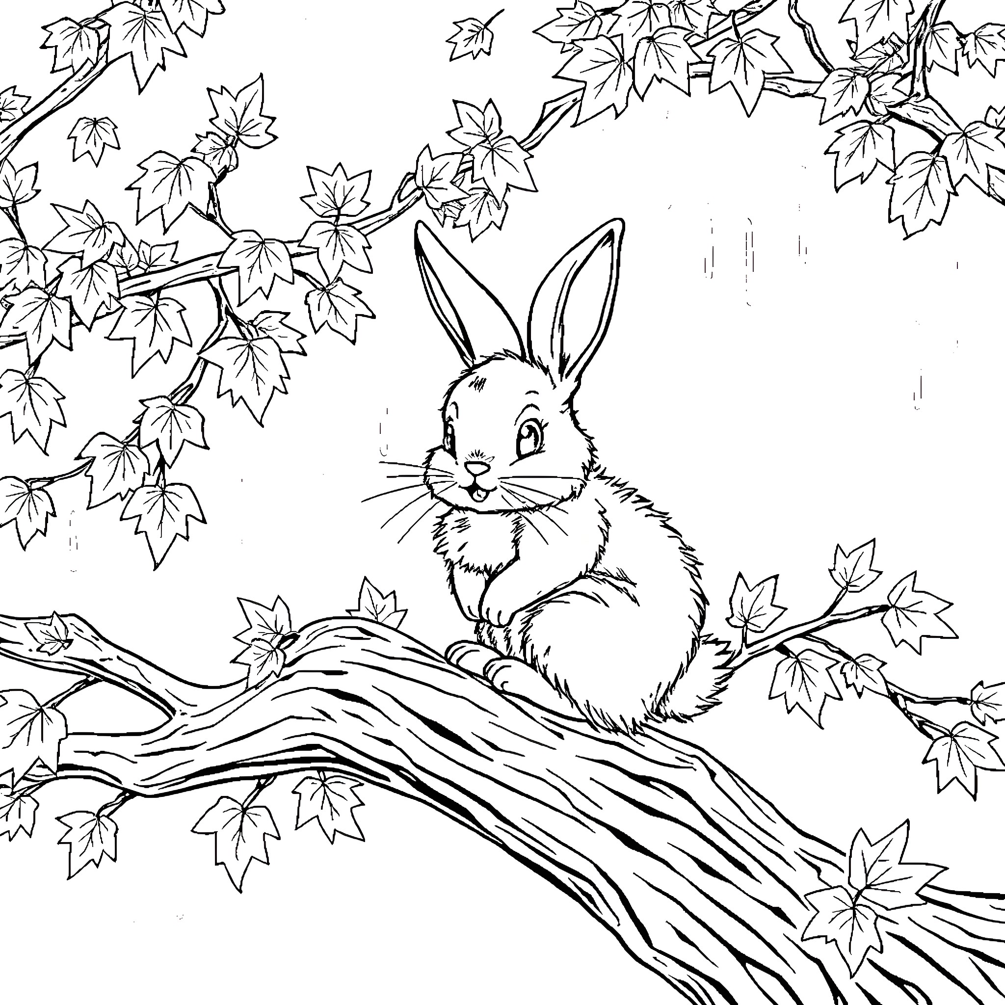 Bunny resting on a tree branch with autumn leaves Coloring Page (free black-and-white line drawing printable PDF for all, from beginners to advanced learners, including children, teens, adults, and seniors)