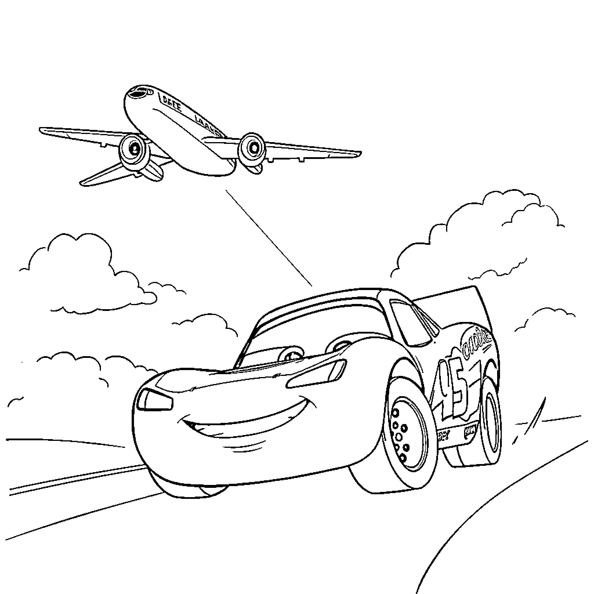 Airplane flying over car on the road Coloring Page (free black-and-white line drawing printable PDF for all, from beginners to advanced learners, including children, teens, adults, and seniors)