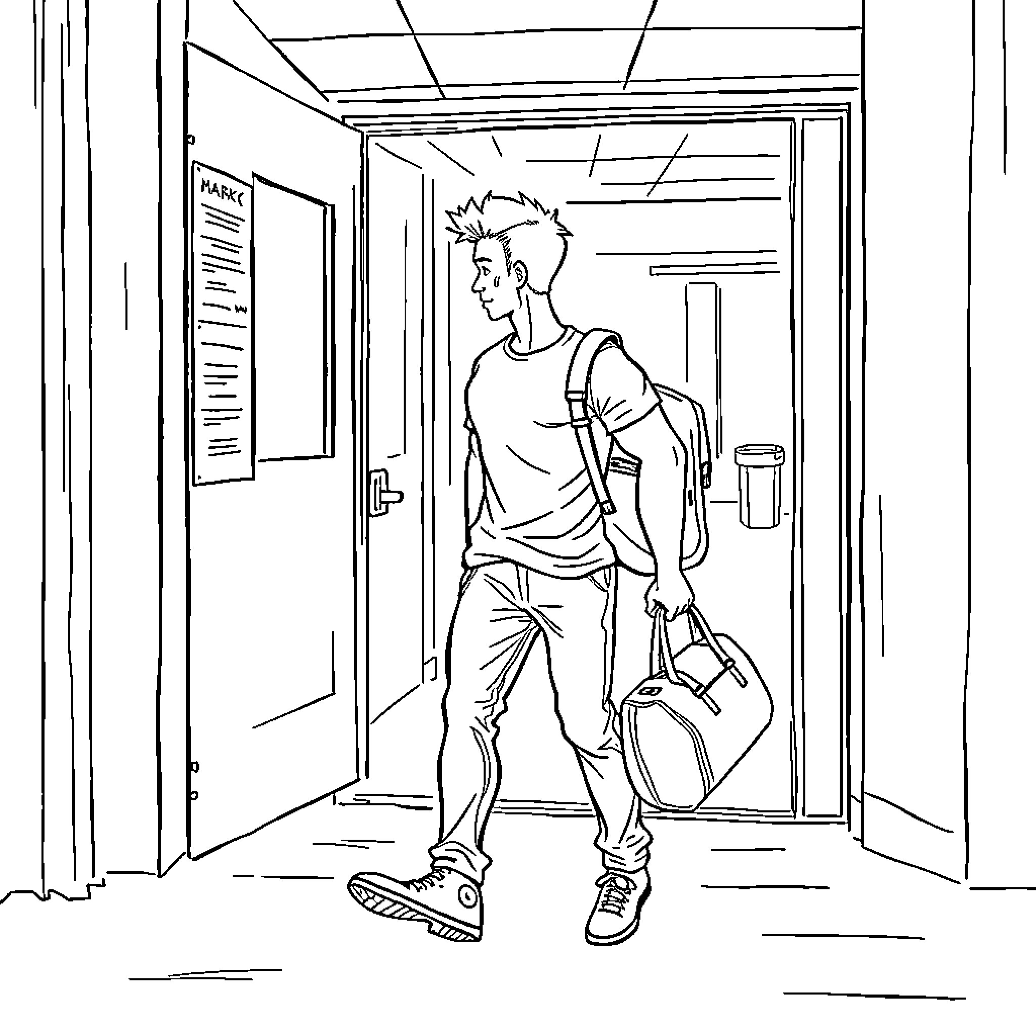 Mark Walking Through School Hallway Coloring Page (free black-and-white line drawing printable PDF for all, from beginners to advanced learners, including children, teens, adults, and seniors)