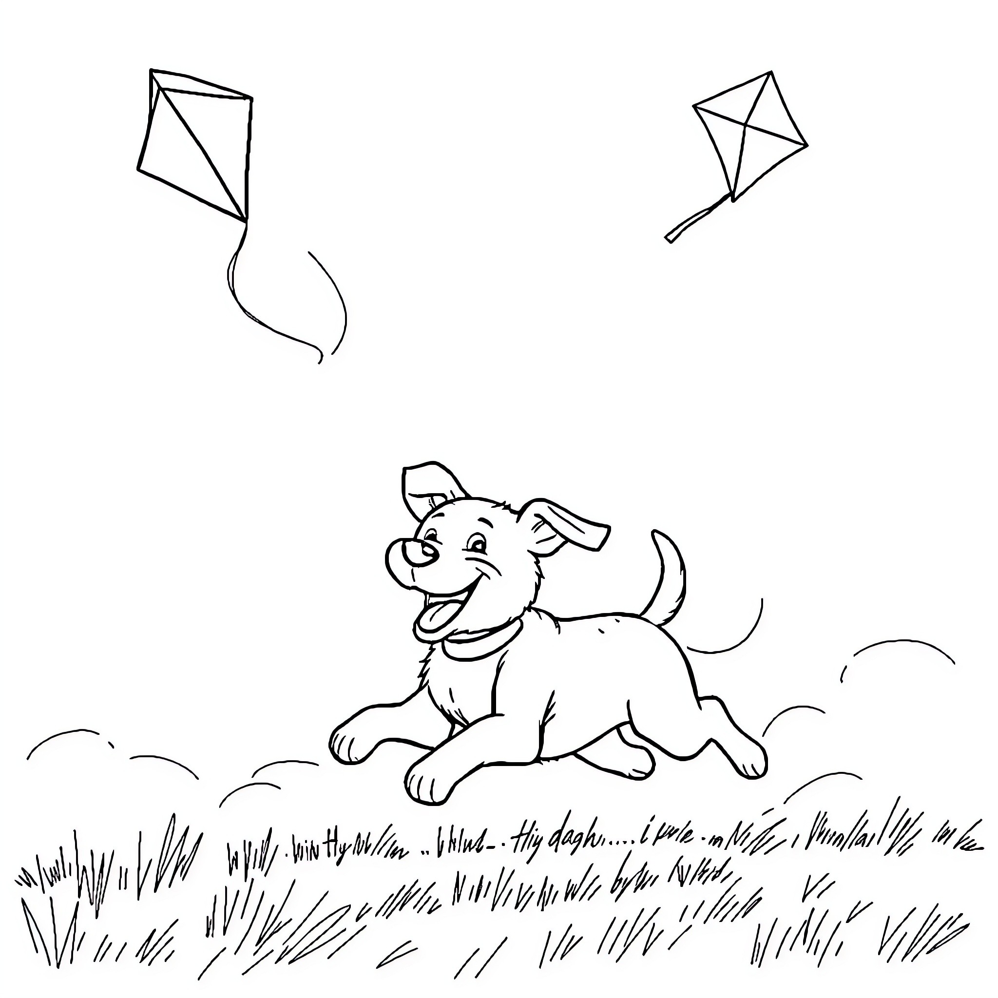 Dog playing with kites in the field Coloring Page (free black-and-white line drawing printable PDF for all, from beginners to advanced learners, including children, teens, adults, and seniors)