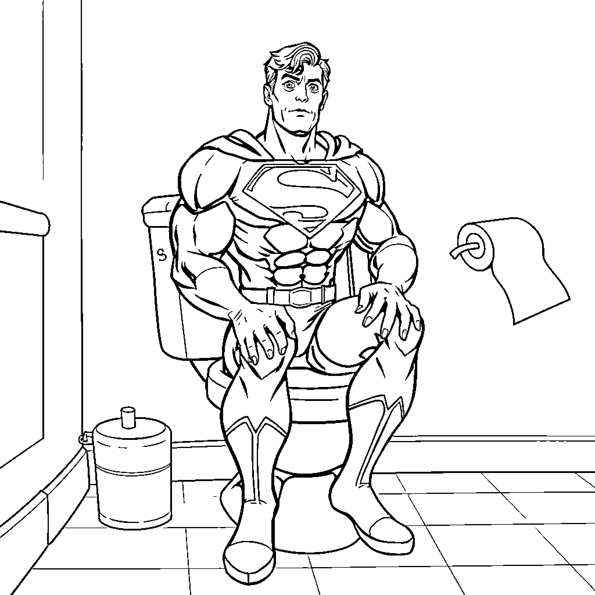 Superman saving the day in the bathroom Coloring Page (free black-and-white line drawing printable PDF for all, from beginners to advanced learners, including children, teens, adults, and seniors)