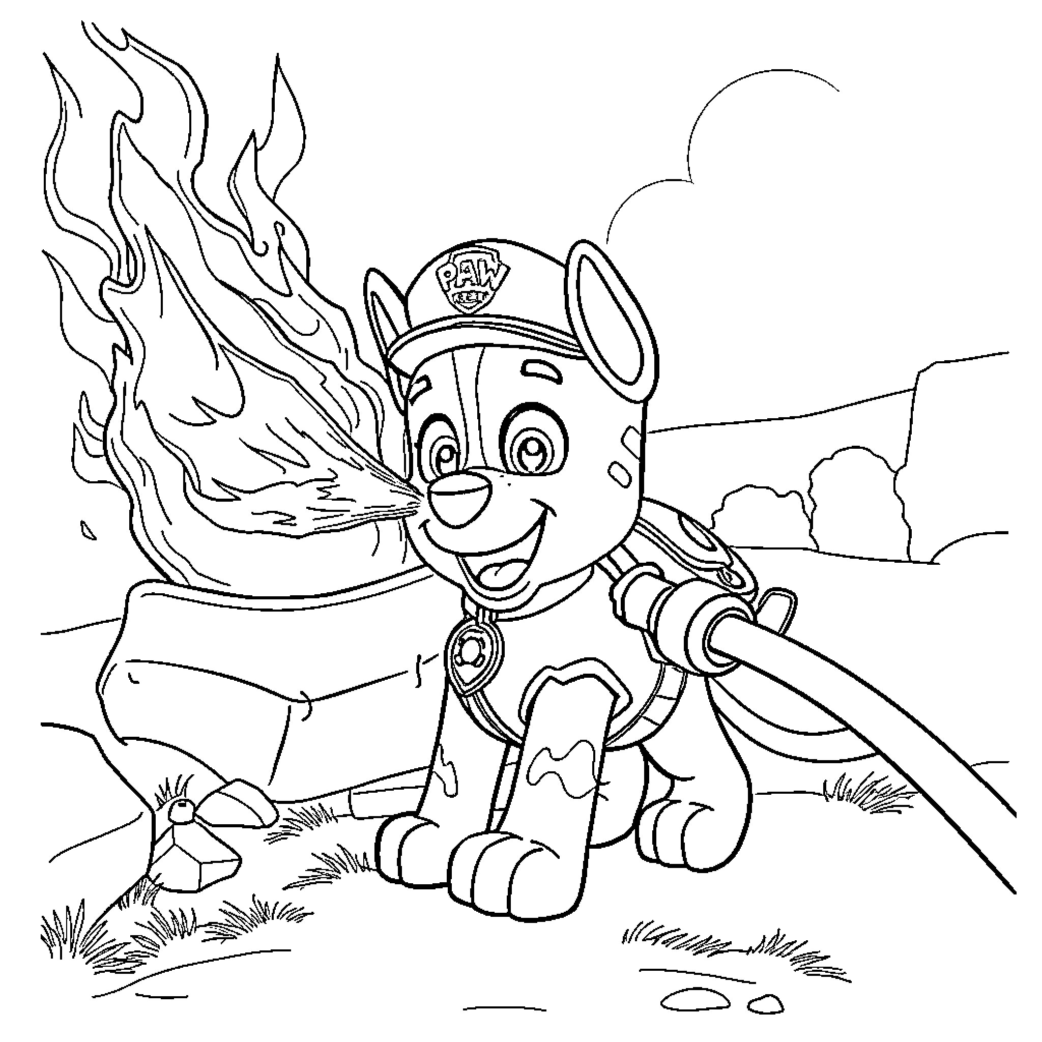 Marshall's Firefighting Adventure Coloring Page (free black-and-white line drawing printable PDF for all, from beginners to advanced learners, including children, teens, adults, and seniors)