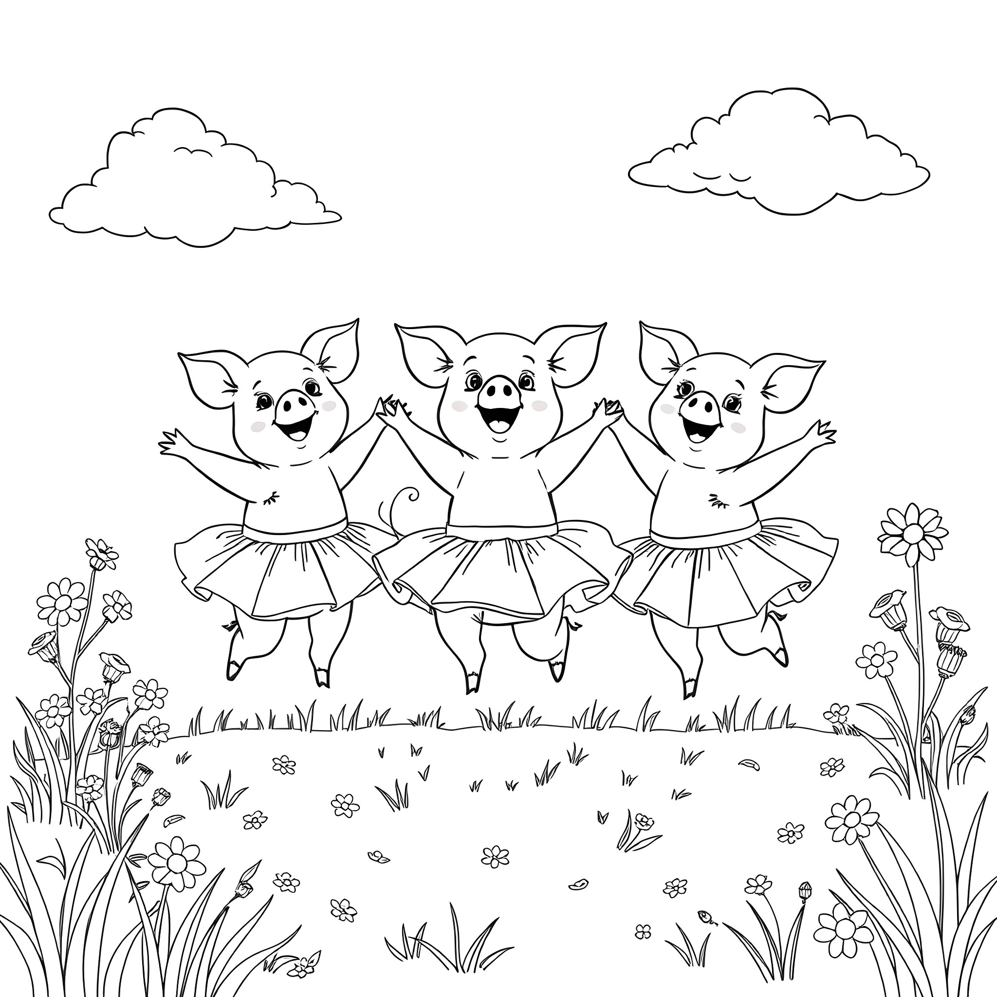 Pigs dancing joyfully in a floral meadow Coloring Page (free black-and-white line drawing printable PDF for all, from beginners to advanced learners, including children, teens, adults, and seniors)