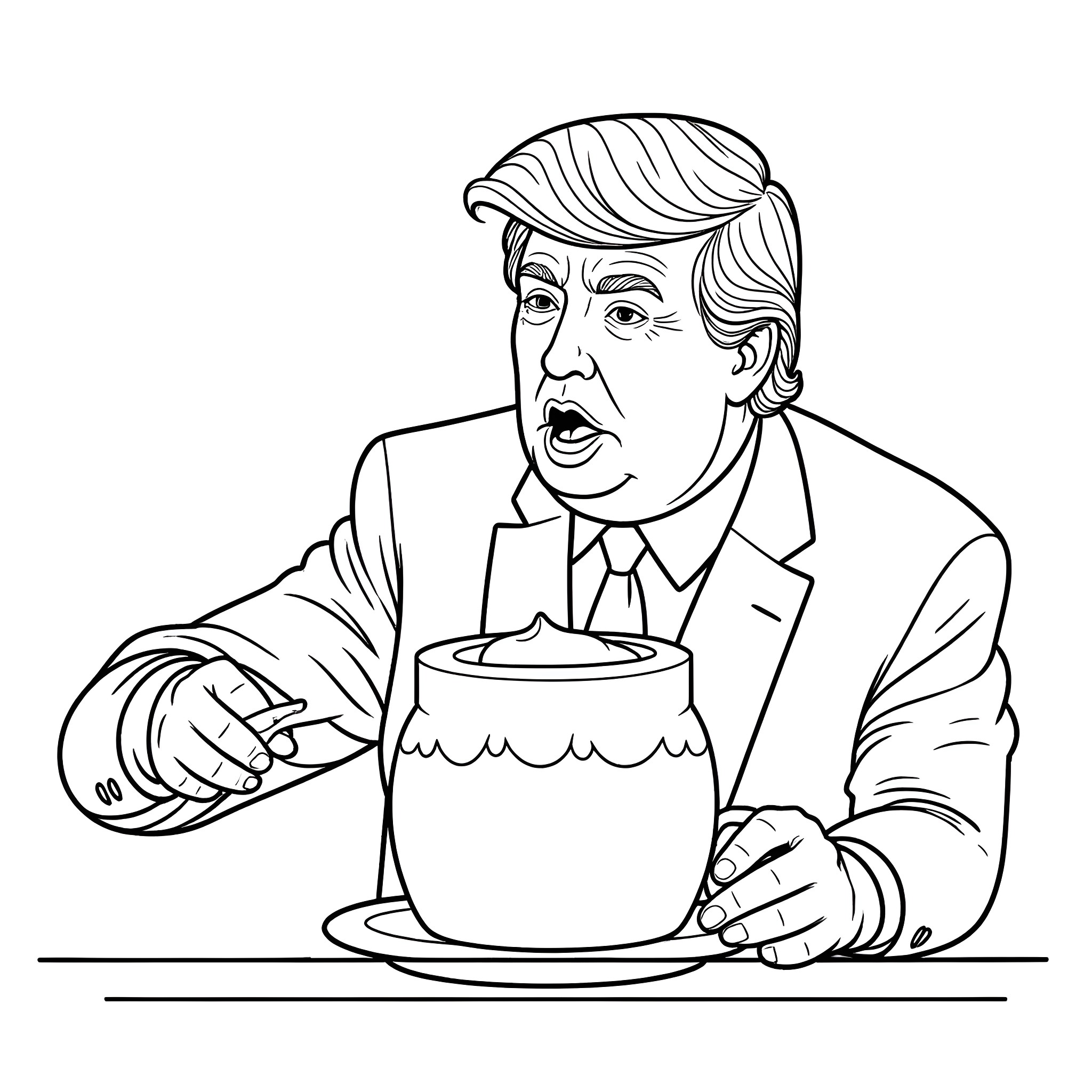 Donald Trump eating soup angrily in the office Coloring Page (free black-and-white line drawing printable PDF for all, from beginners to advanced learners, including children, teens, adults, and seniors)